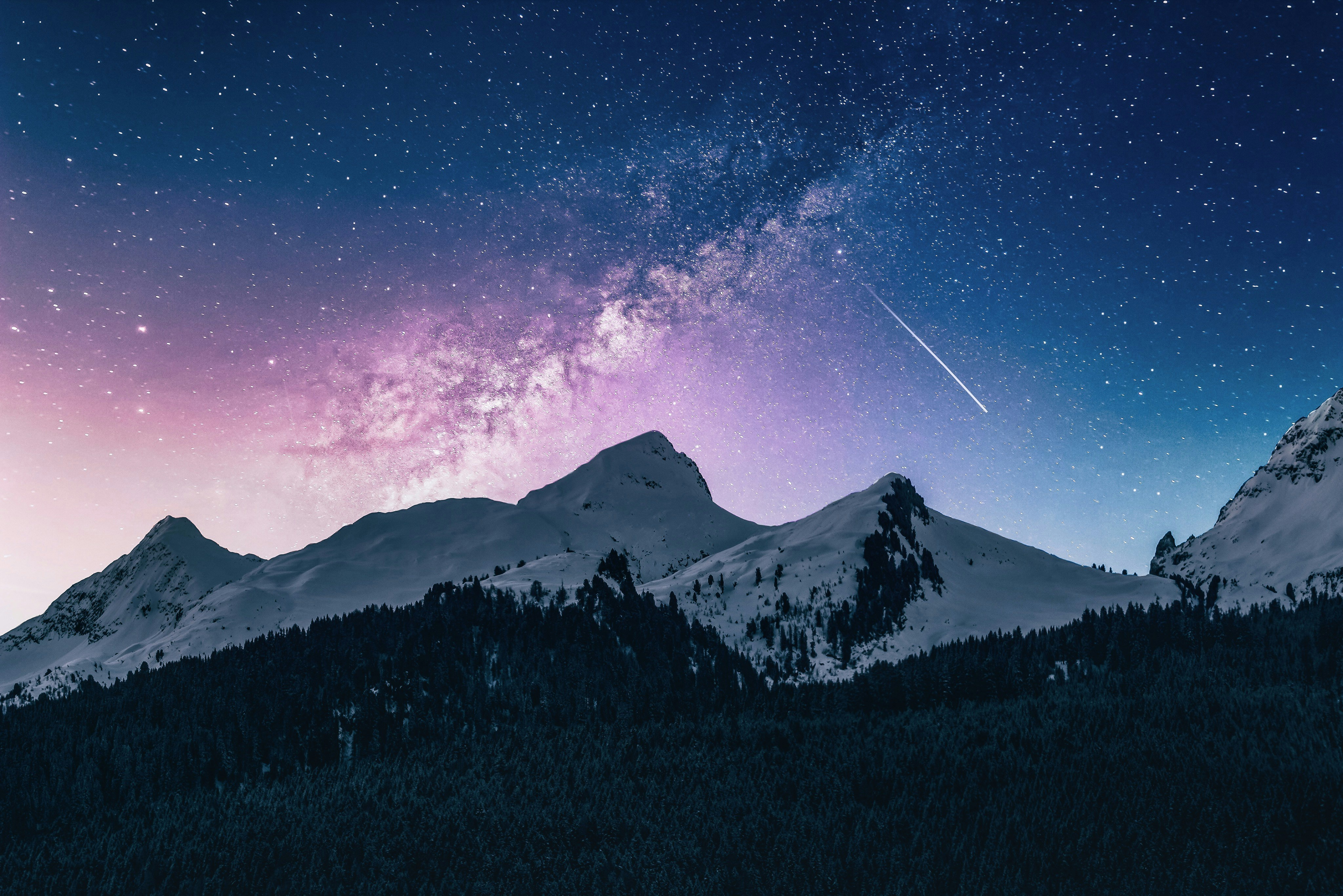 Snowy Mountains Under the Milky Way Galaxy HD Wallpaper