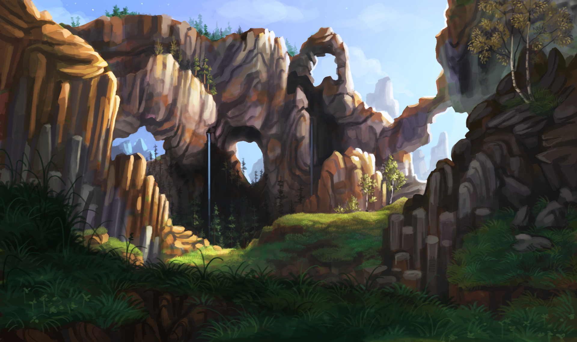 A fantasy landscape with rock formations and waterfalls HD Wallpaper
