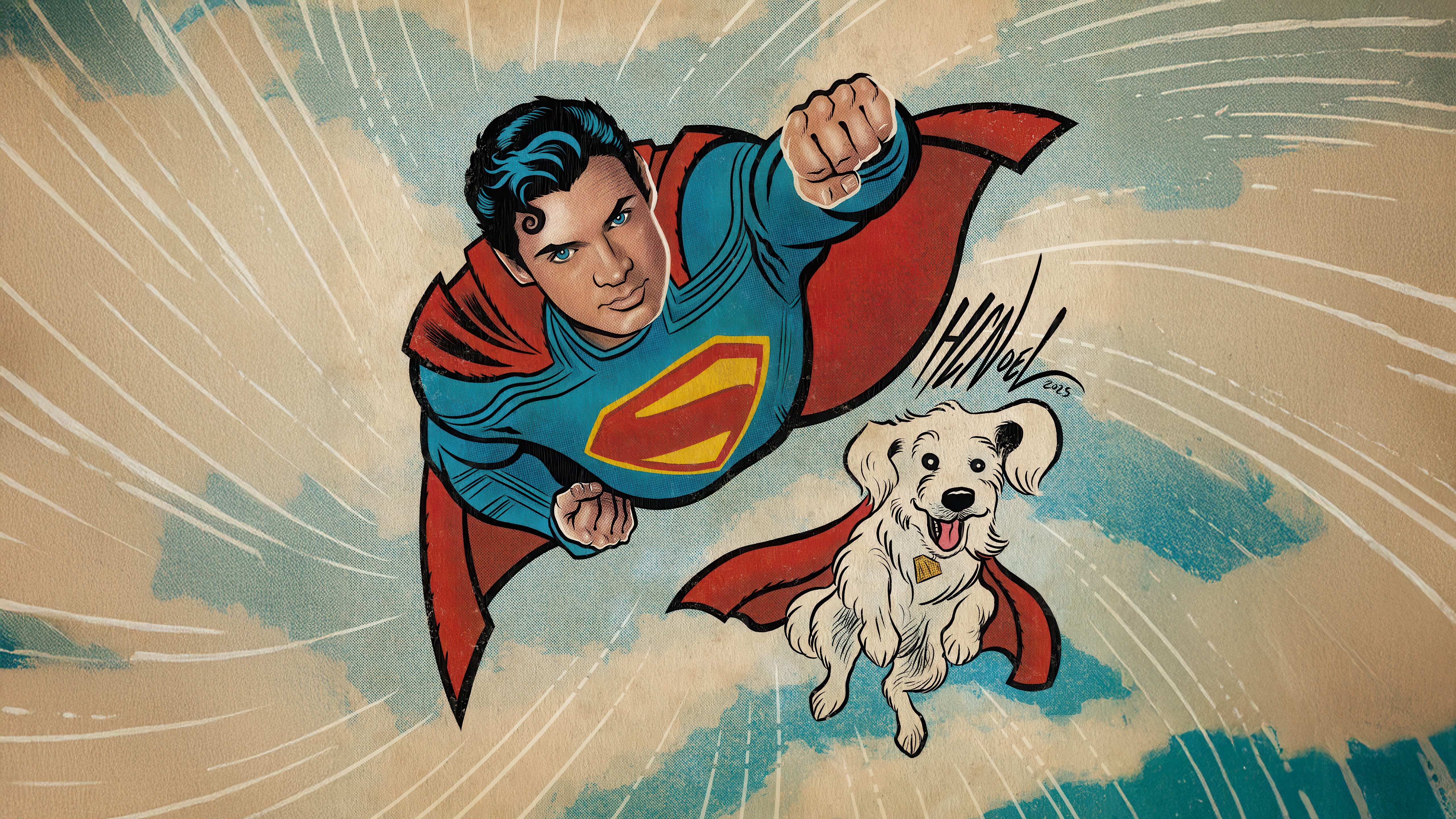 Superman and Krypto flying through the sky HD Wallpaper
