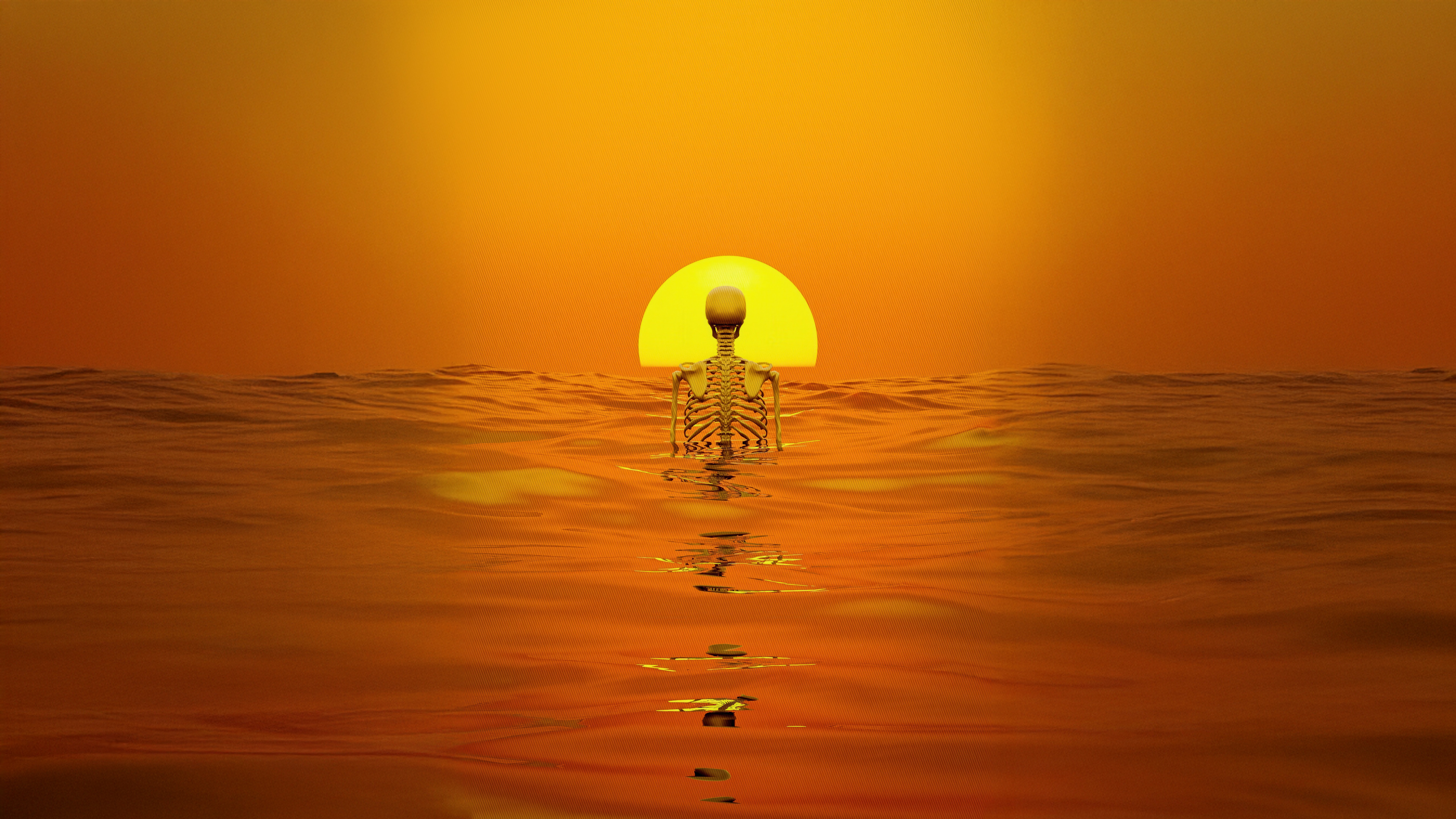Skeleton in the ocean at sunset HD Wallpaper