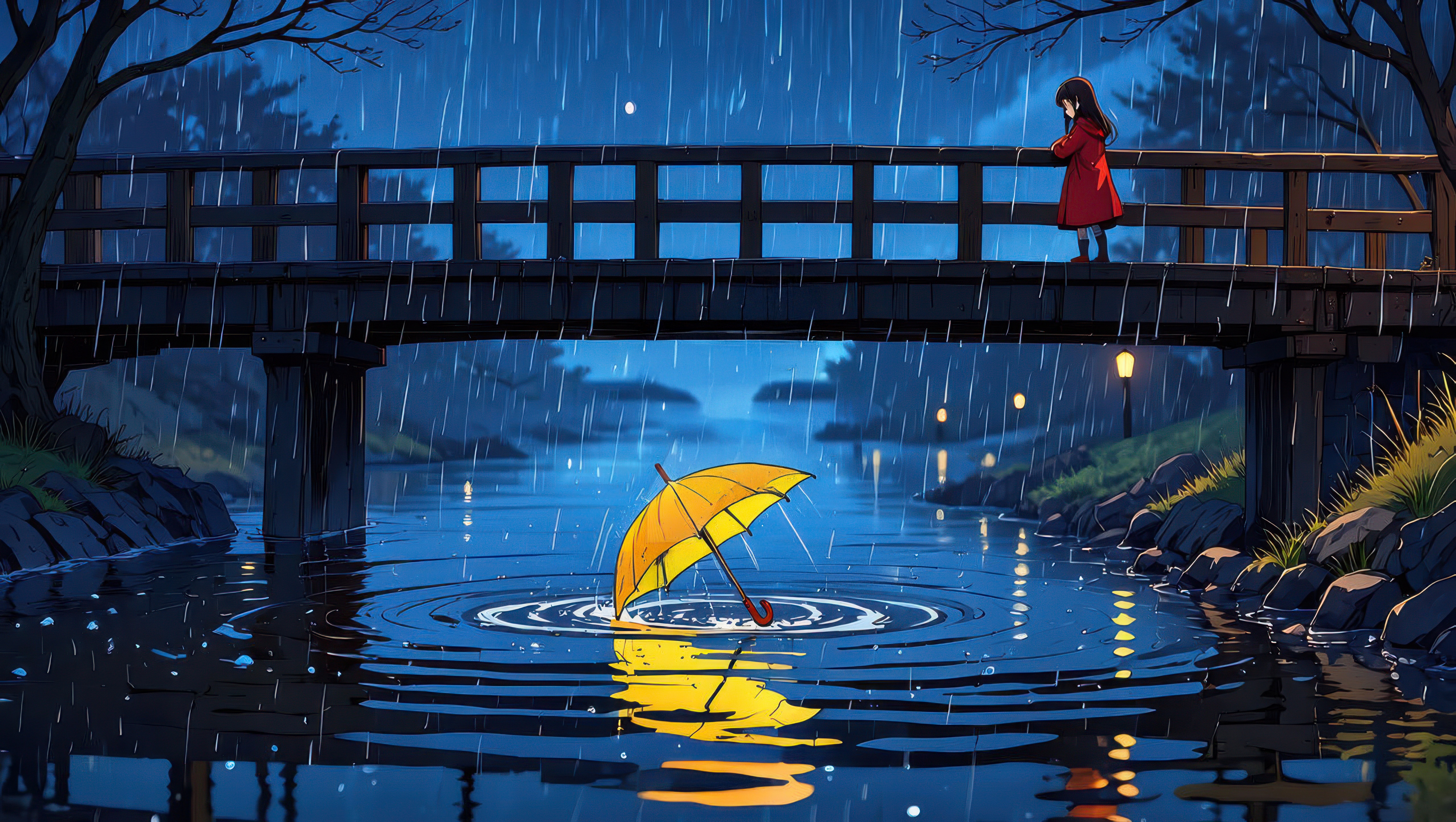 Girl on bridge watches umbrella float away in rain HD Wallpaper