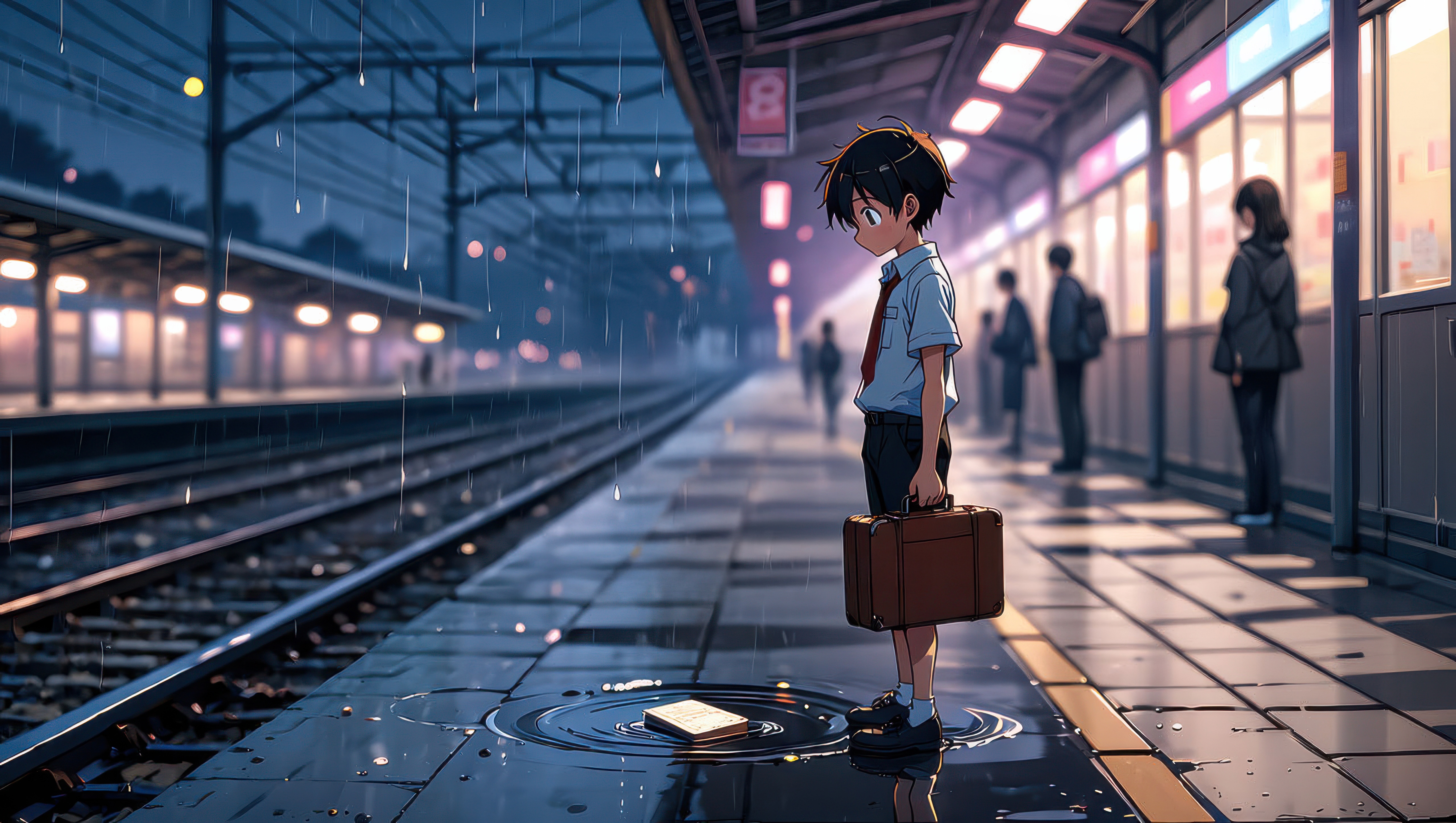 Anime boy with suitcase at rainy train station HD Wallpaper