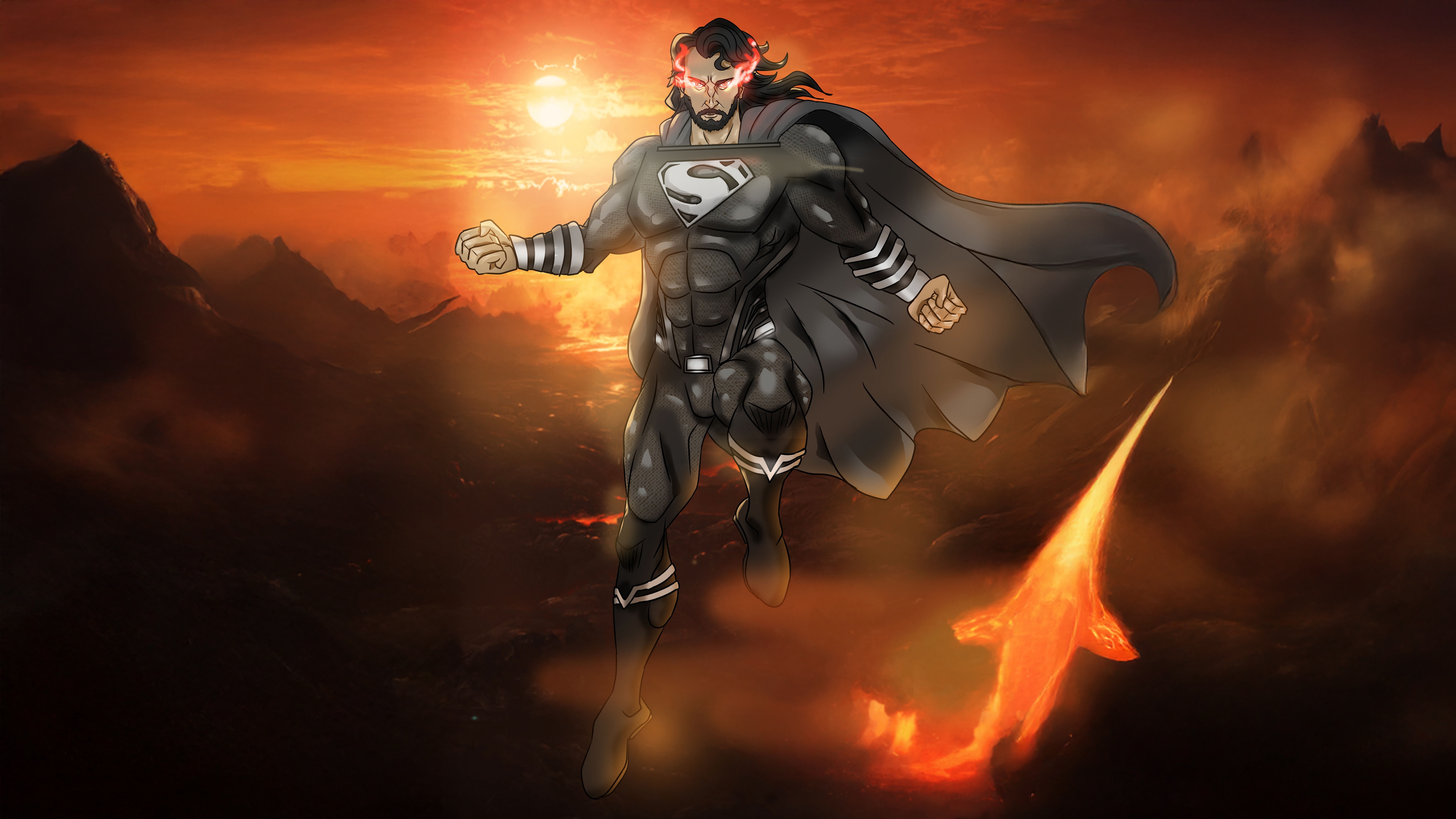 Superman in Black Suit with Fiery Creature HD Wallpaper