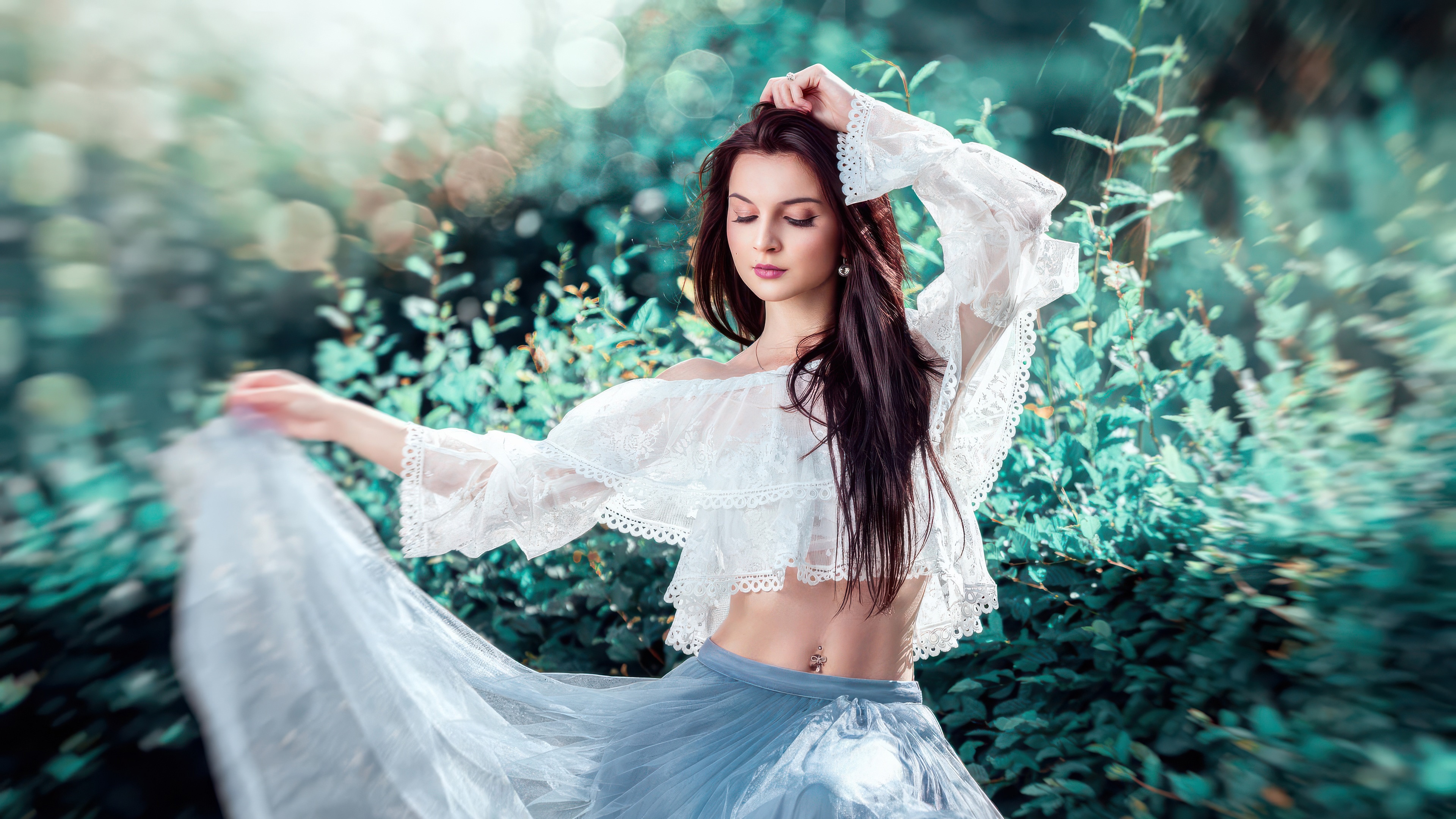 Woman in a white lace top and blue skirt HD Wallpaper
