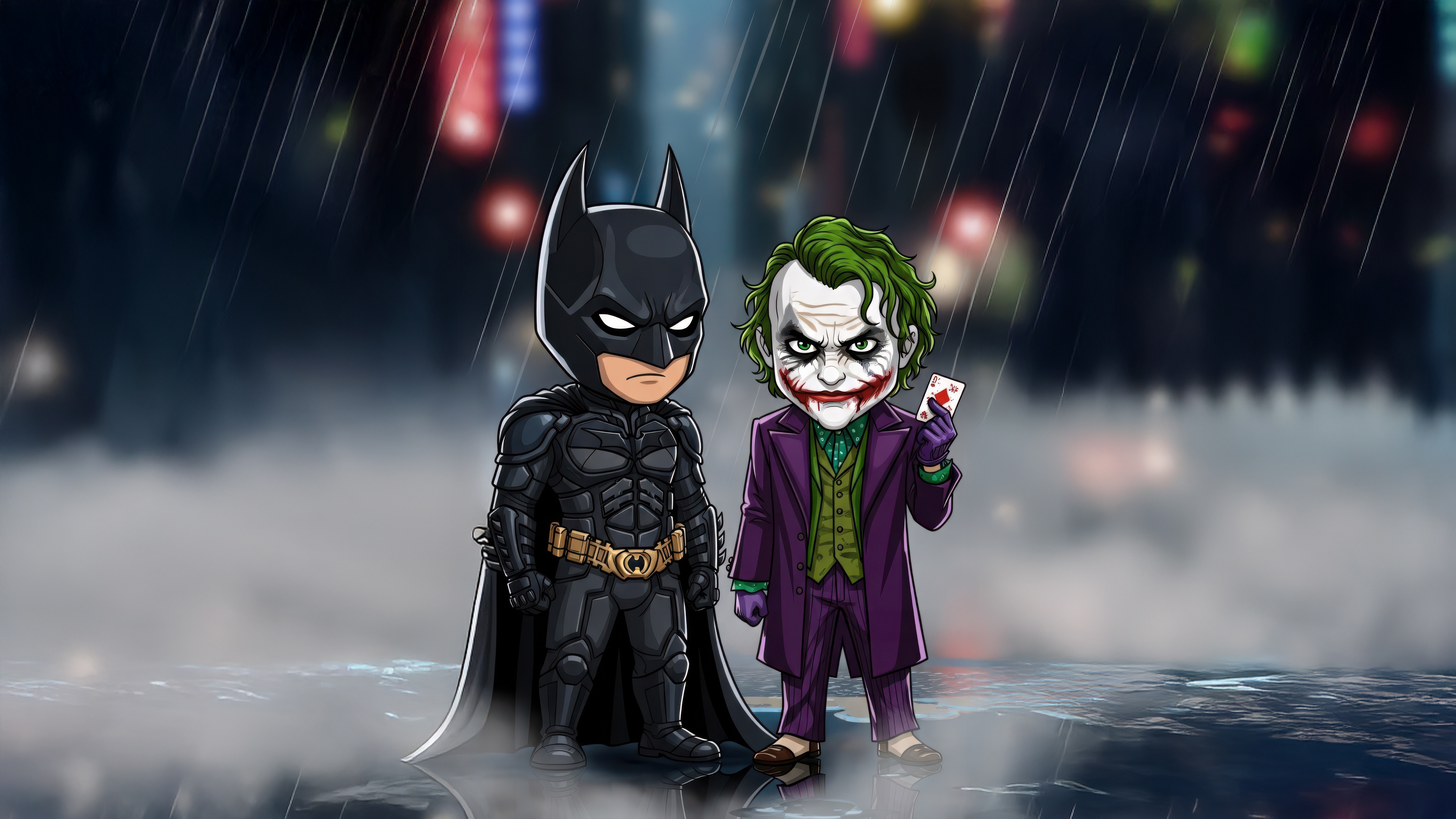 Chibi Batman and Joker in the Rain HD Wallpaper
