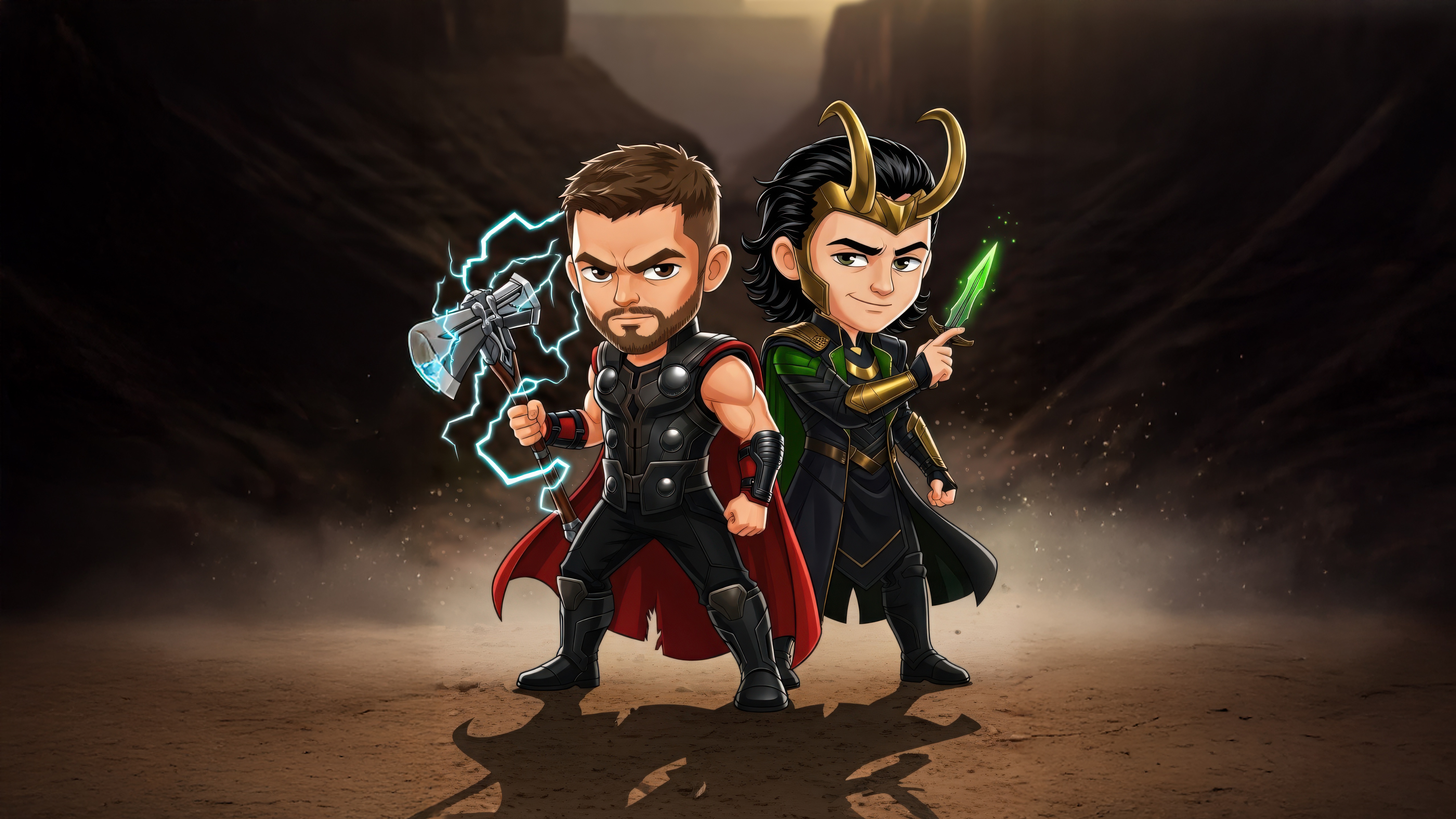 Chibi Thor and Loki in a desert landscape HD Wallpaper