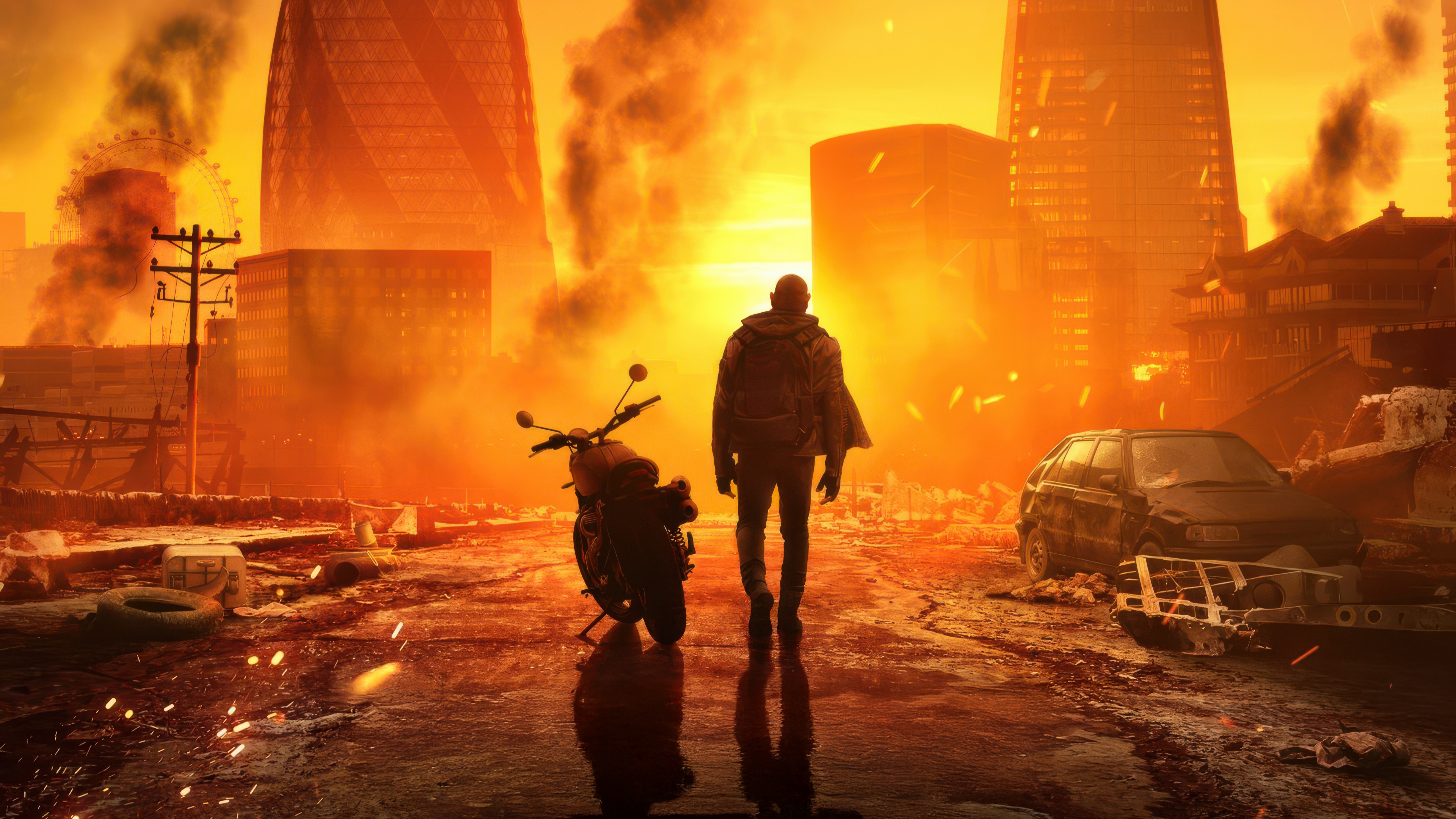 Afterburn: A lone survivor walks through a destroyed city HD Wallpaper