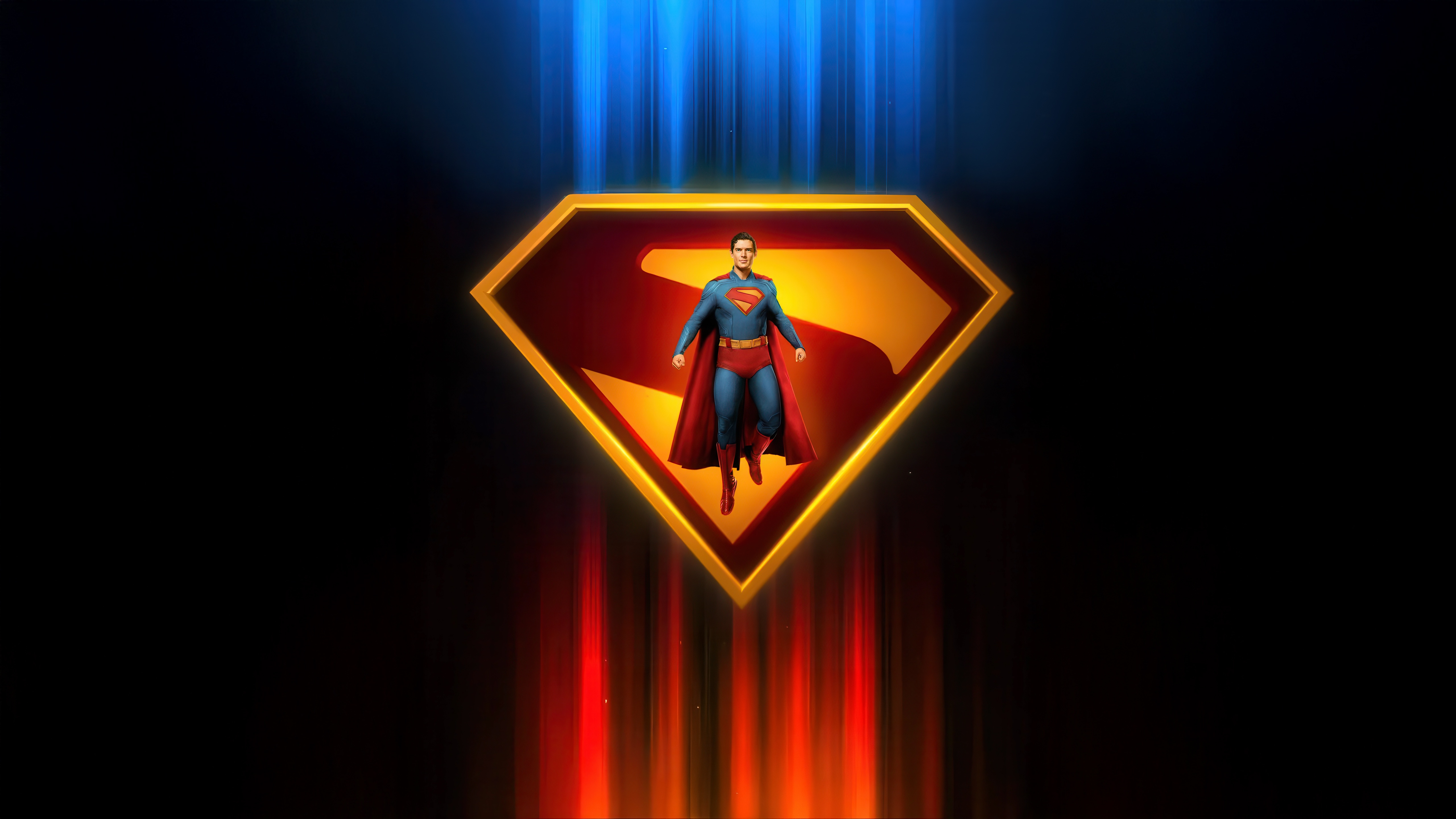 Superman flying in front of his logo HD Wallpaper