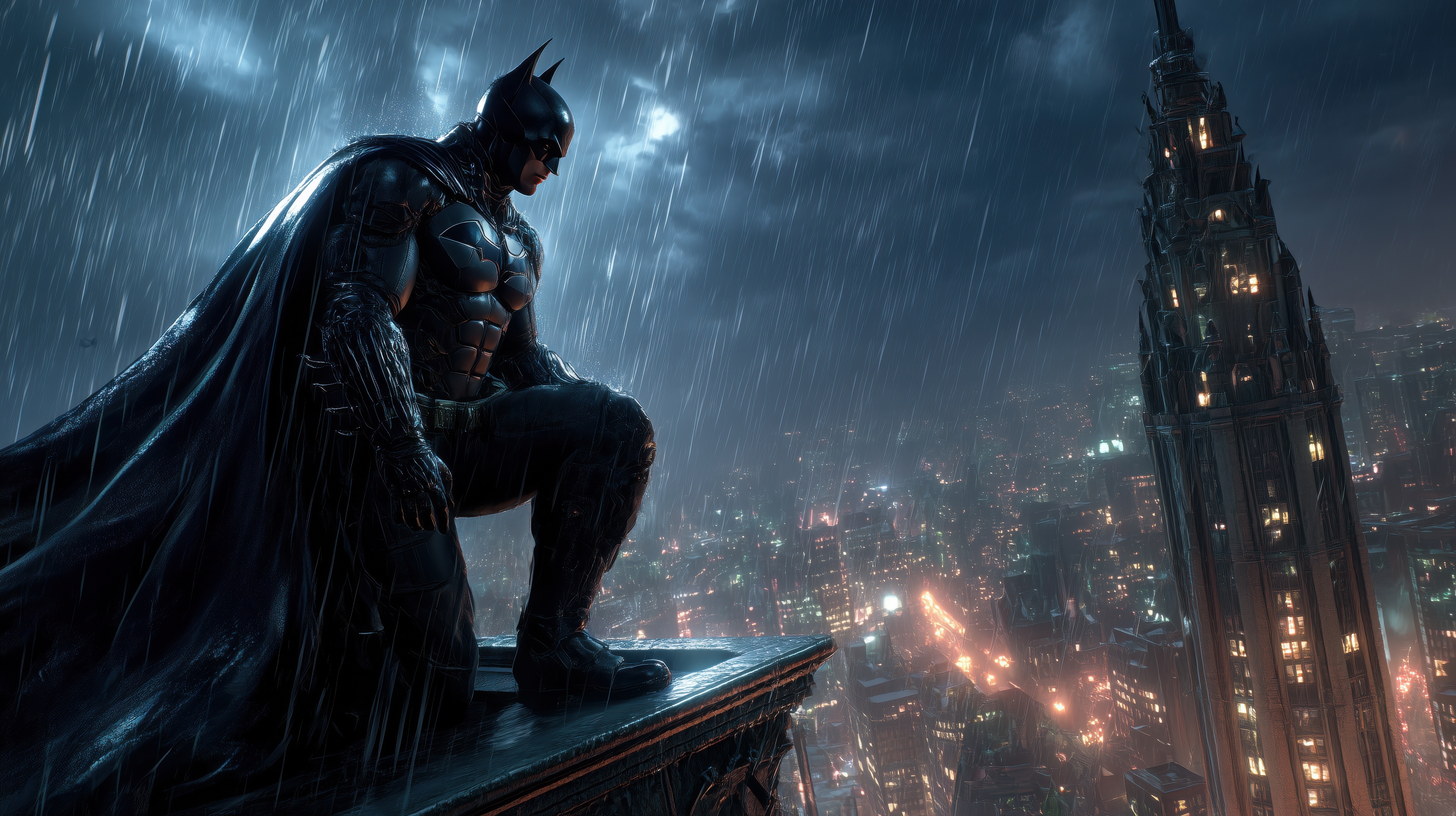 Batman on a rooftop in the rain HD Wallpaper