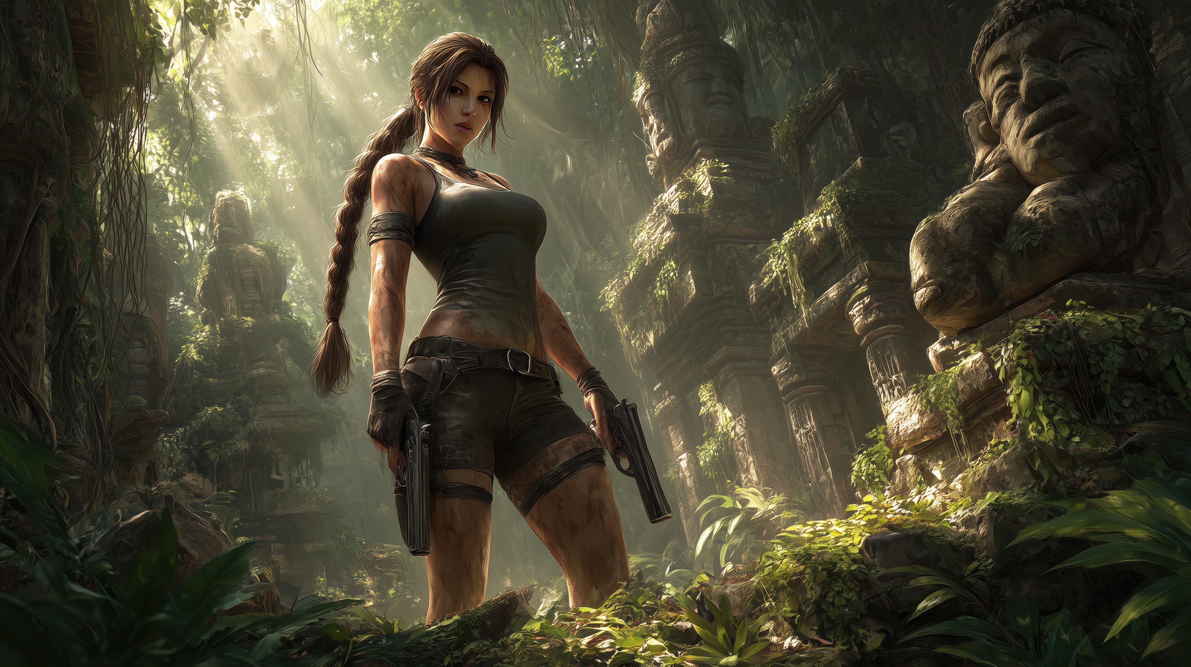 Lara Croft in ancient jungle ruins with guns HD Wallpaper