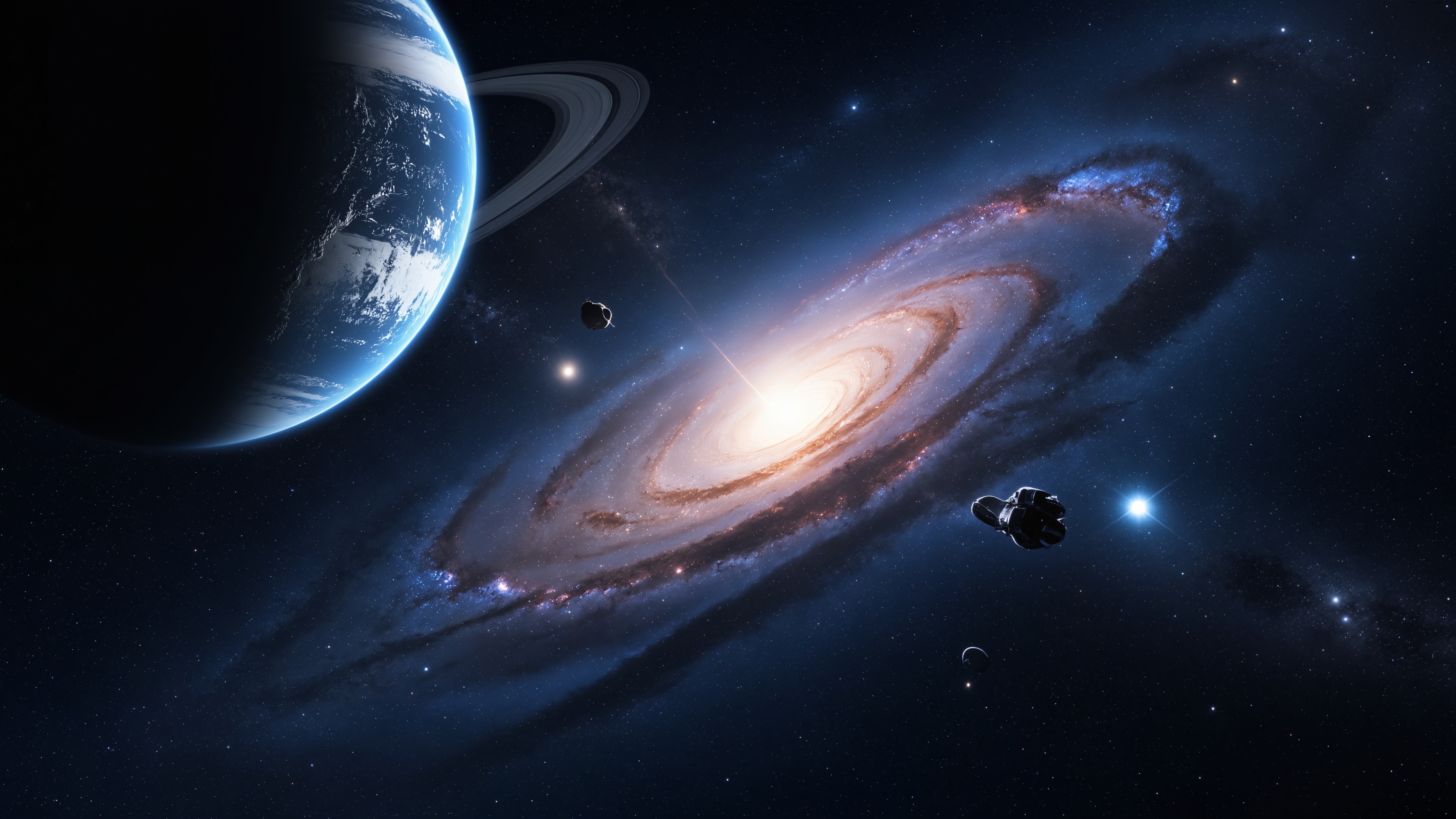Cosmic Odyssey: A Planet and Galaxy HD Wallpaper
