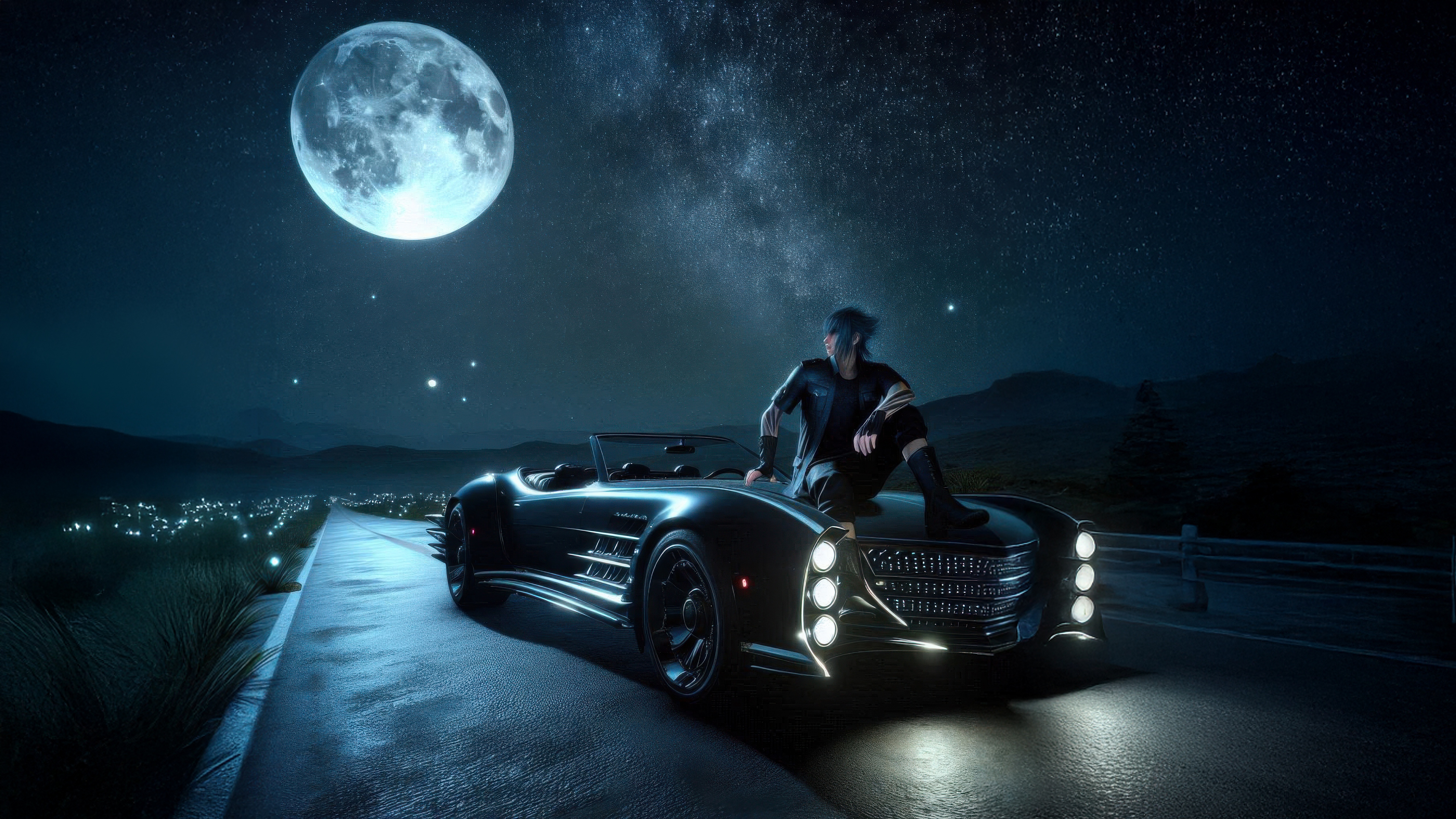 Noctis sits on a car under the starry night sky HD Wallpaper