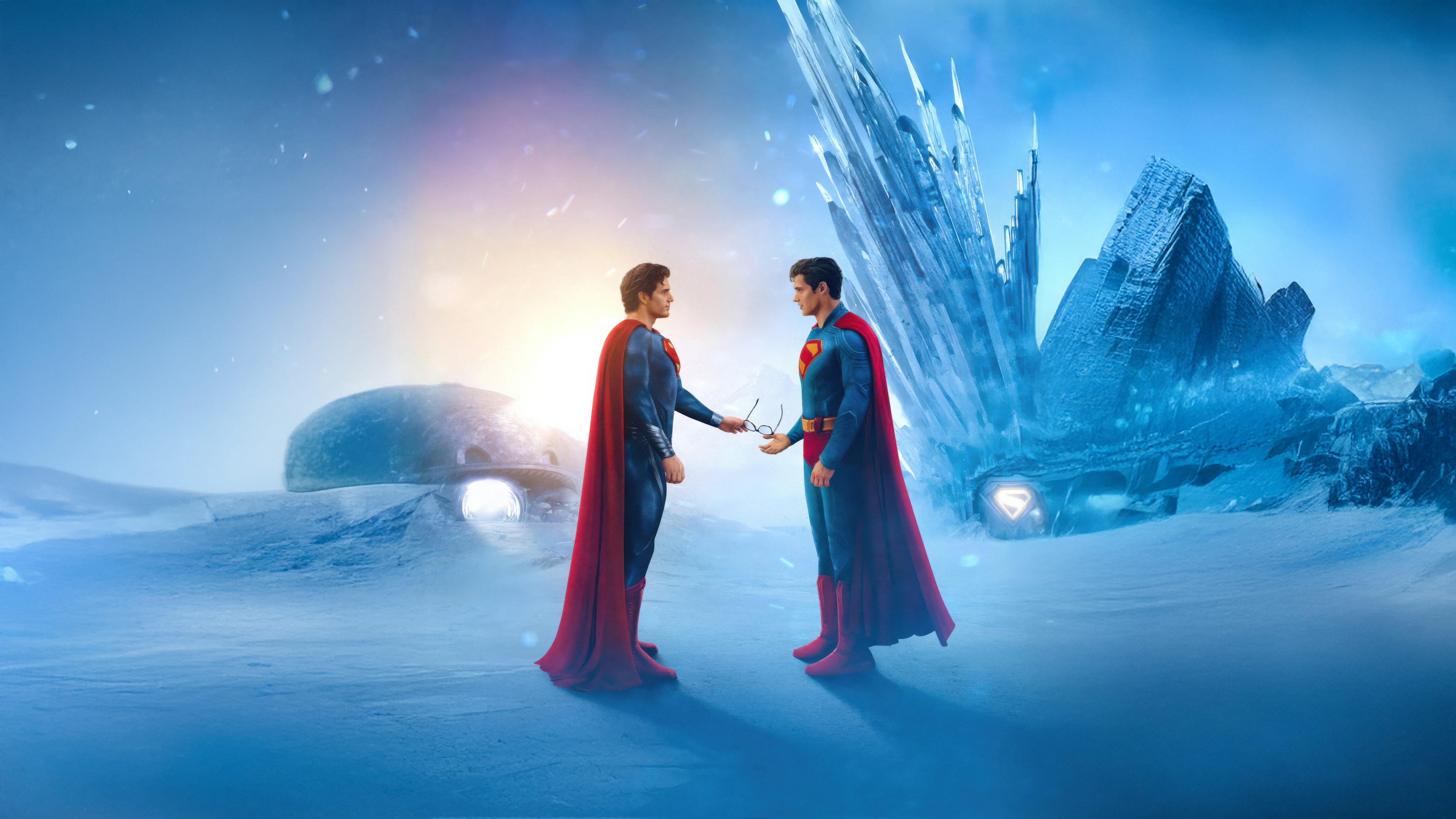 Two Supermen meet in a snowy landscape HD Wallpaper