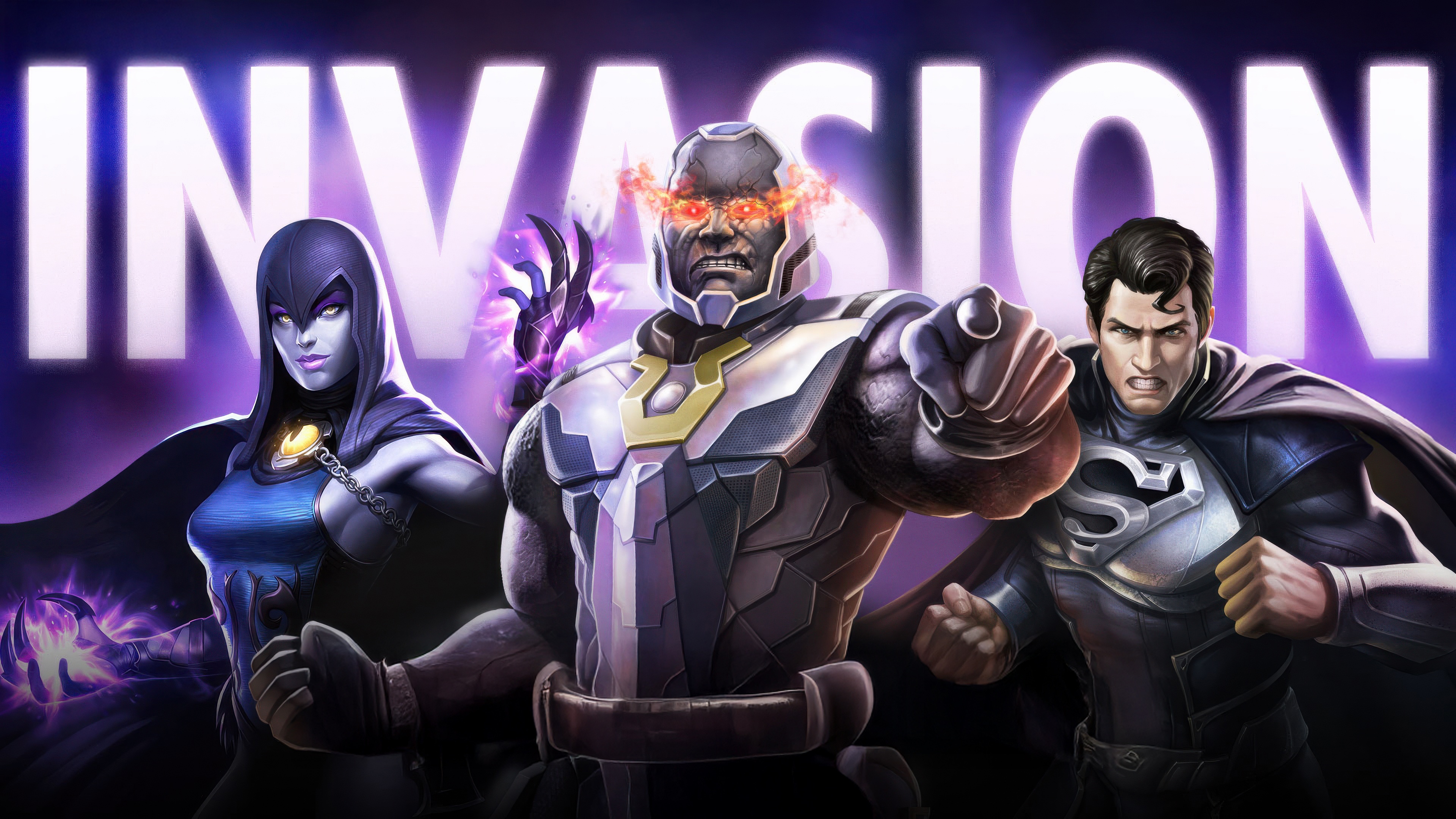 DC Injustice 2 Invasion: Raven, Darkseid, and Superman HD Wallpaper