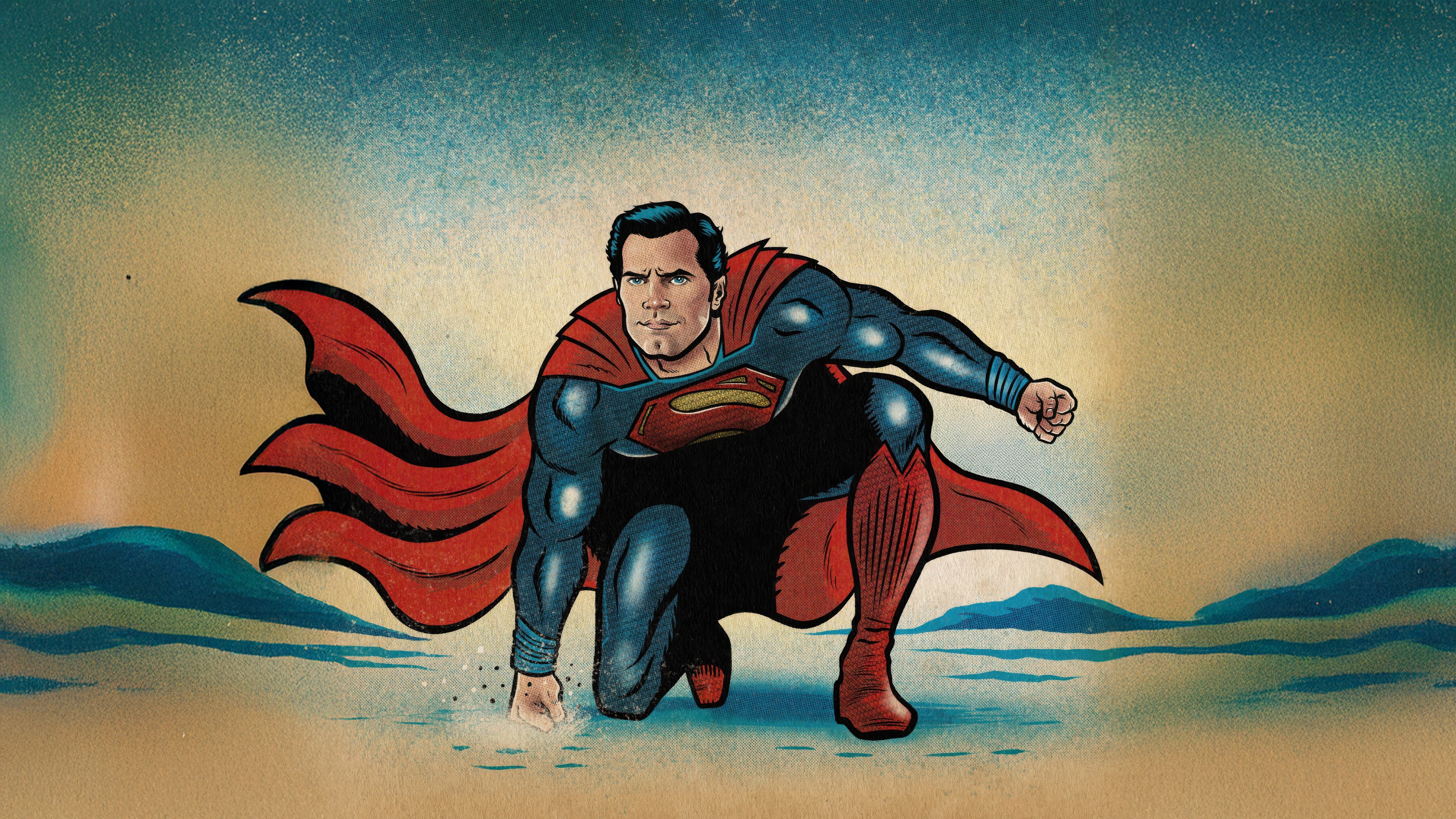 Superman kneeling on a sandy landscape HD Wallpaper