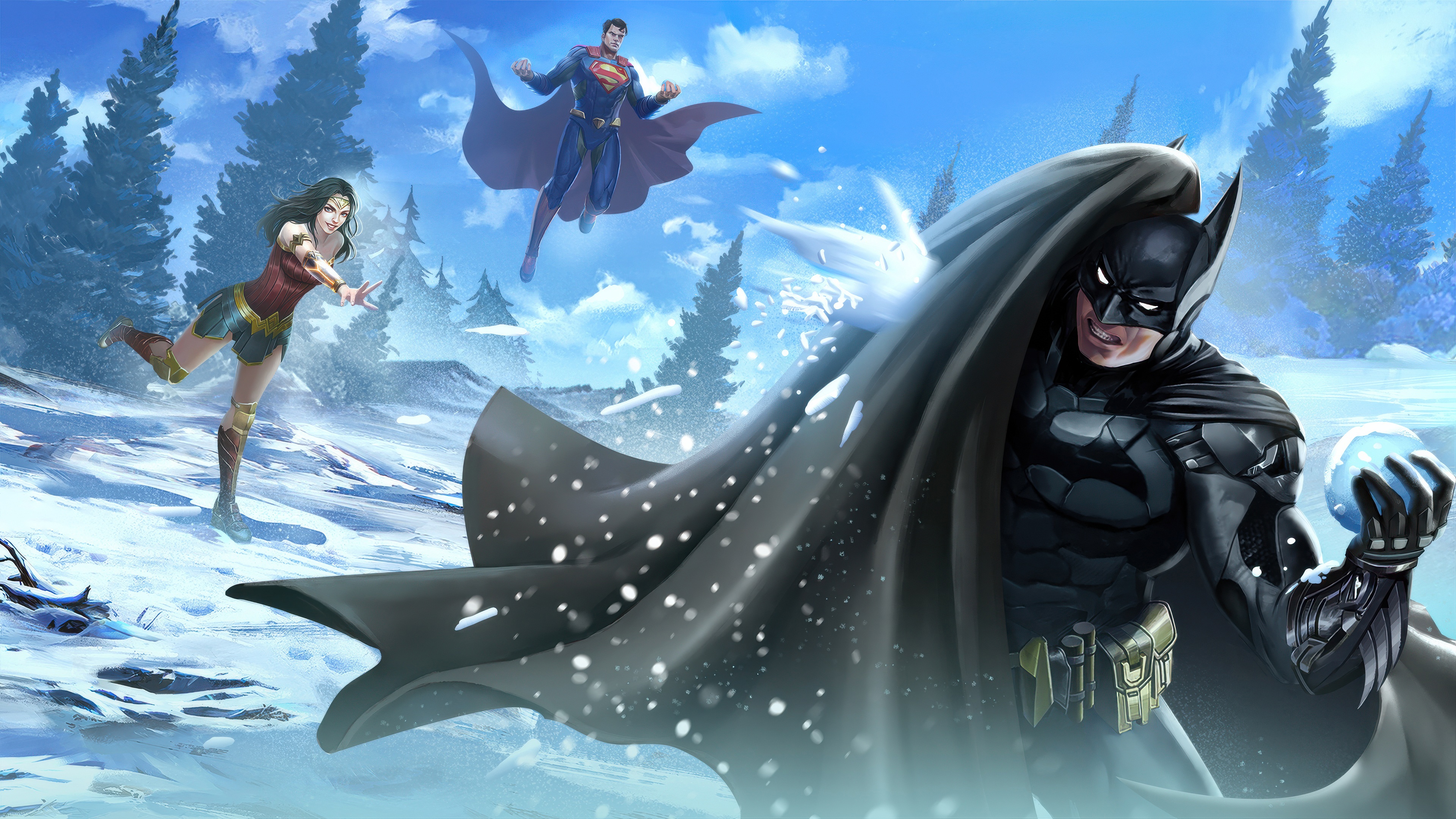 Batman, Superman, and Wonder Woman in a snowy landscape HD Wallpaper