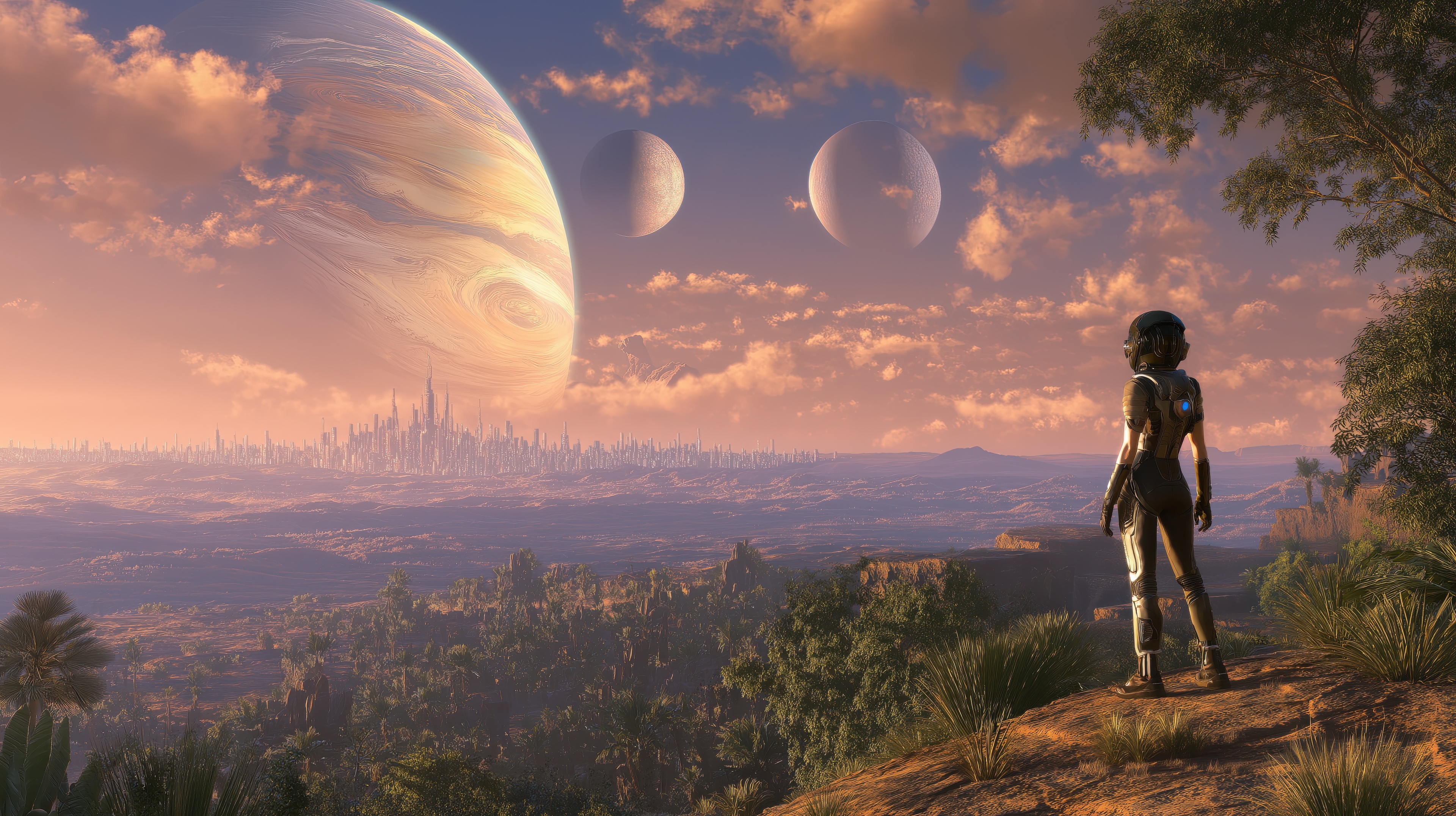 Explorer on a forgotten alien world with planets HD Wallpaper