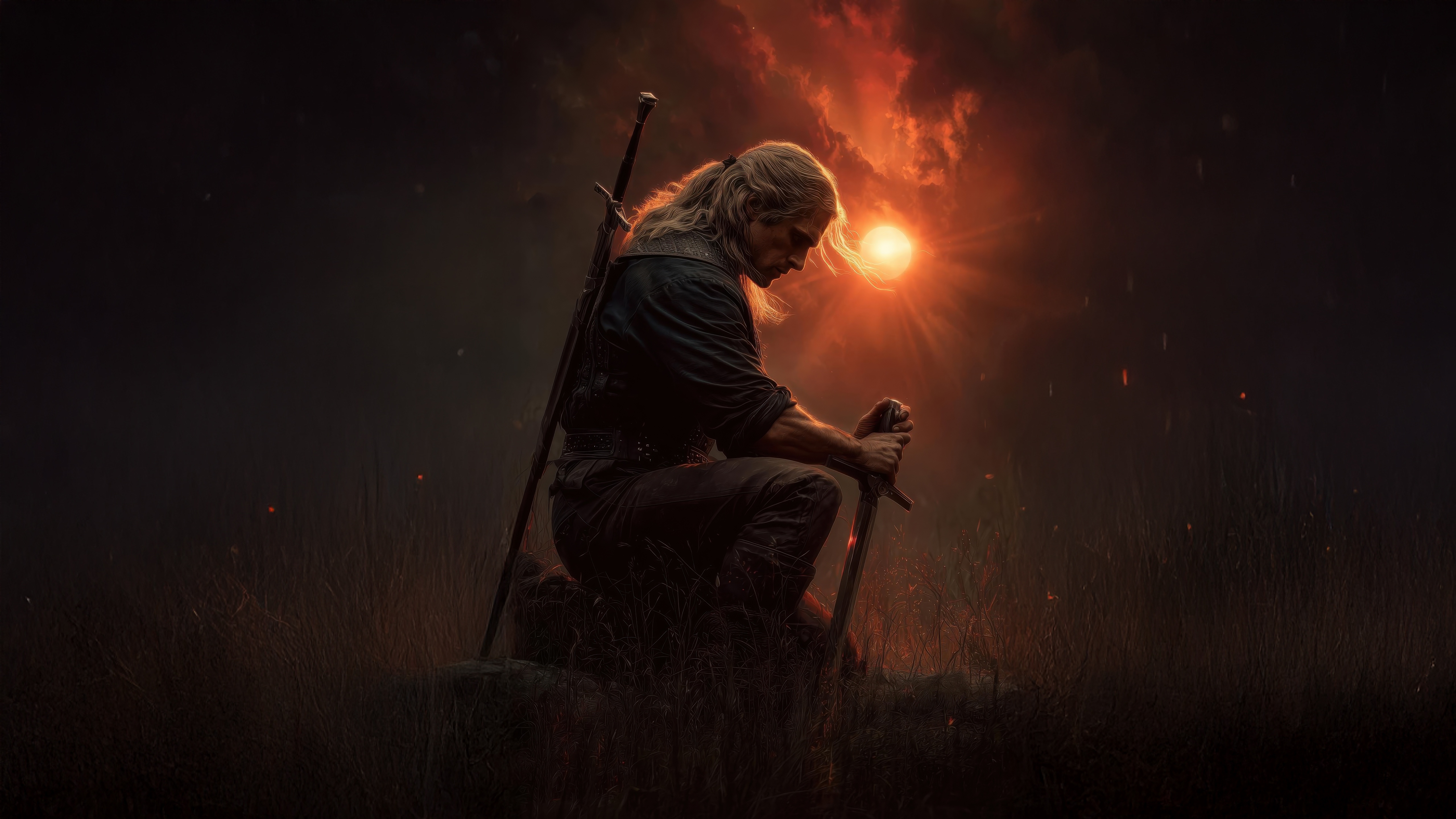 Geralt of Rivia kneeling with swords HD Wallpaper