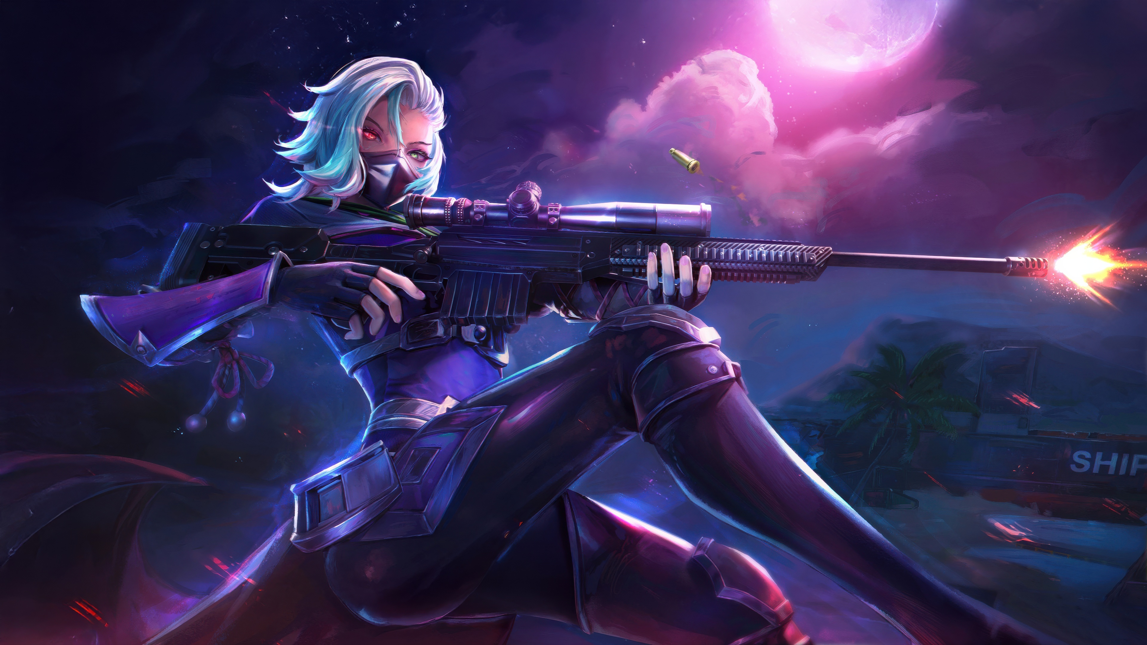 Assassin with Sniper Rifle Fires at Night HD Wallpaper