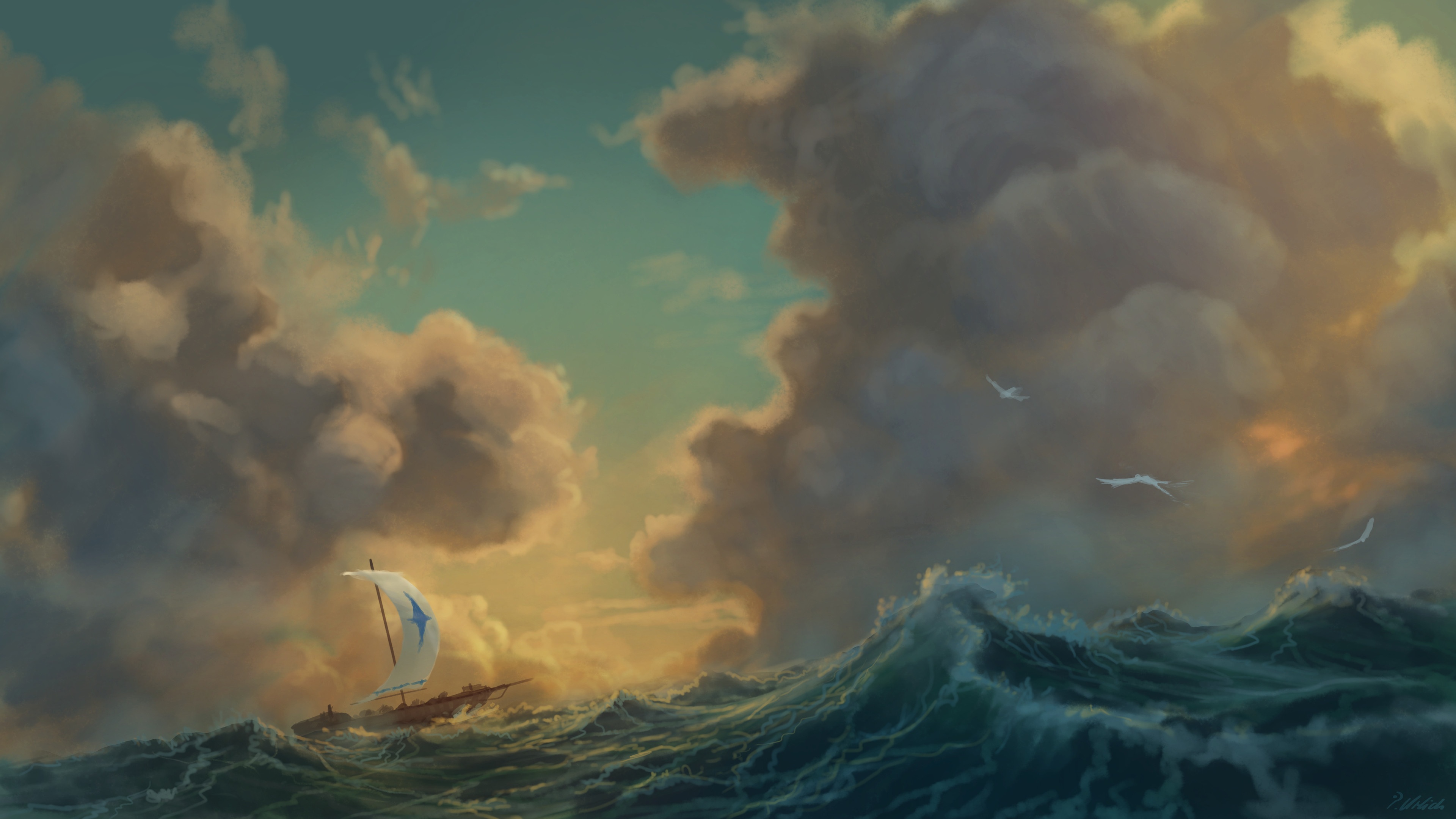 Ship sailing through stormy seas under dramatic clouds HD Wallpaper