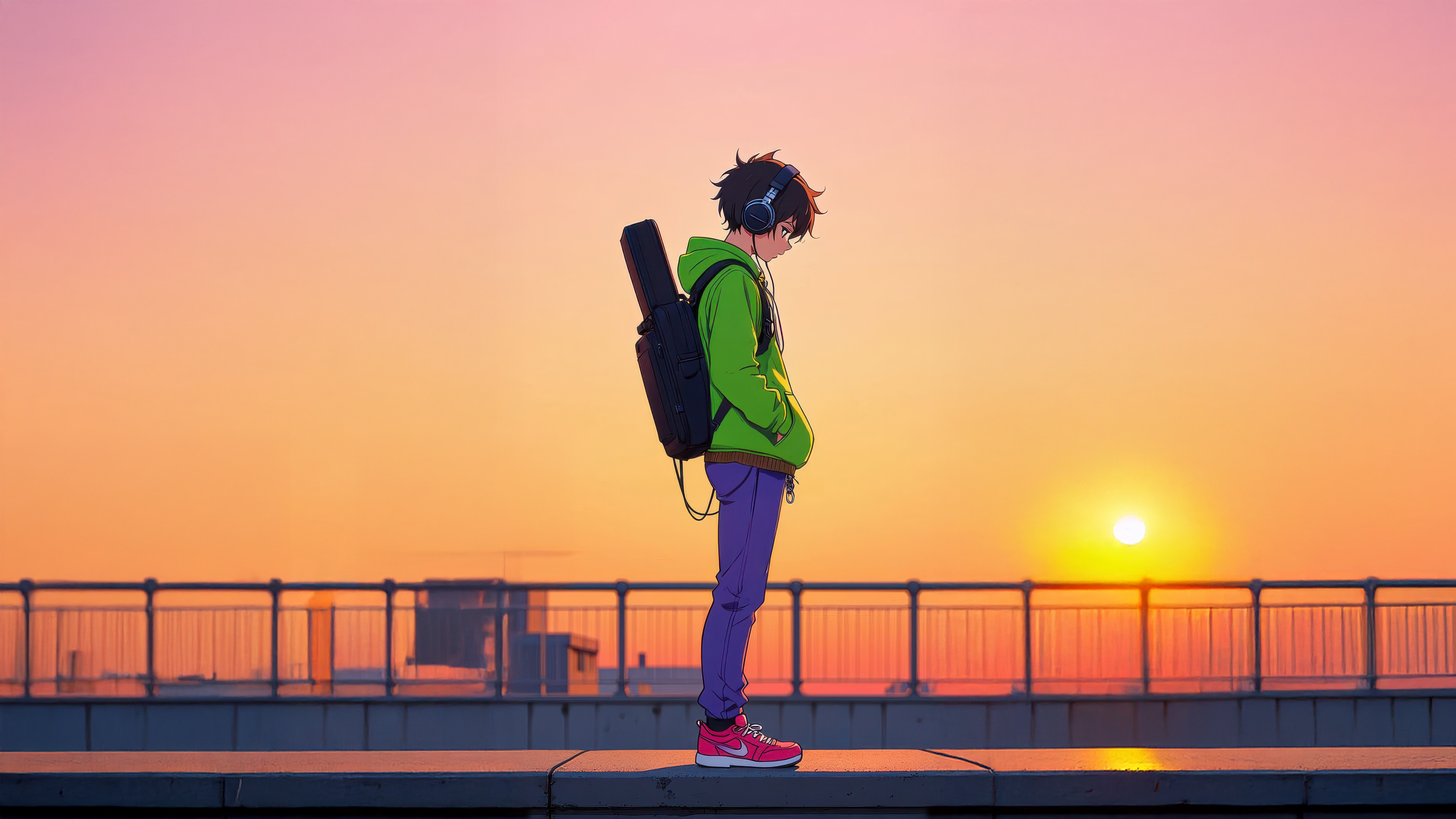 Anime boy with headphones and guitar case at sunset HD Wallpaper