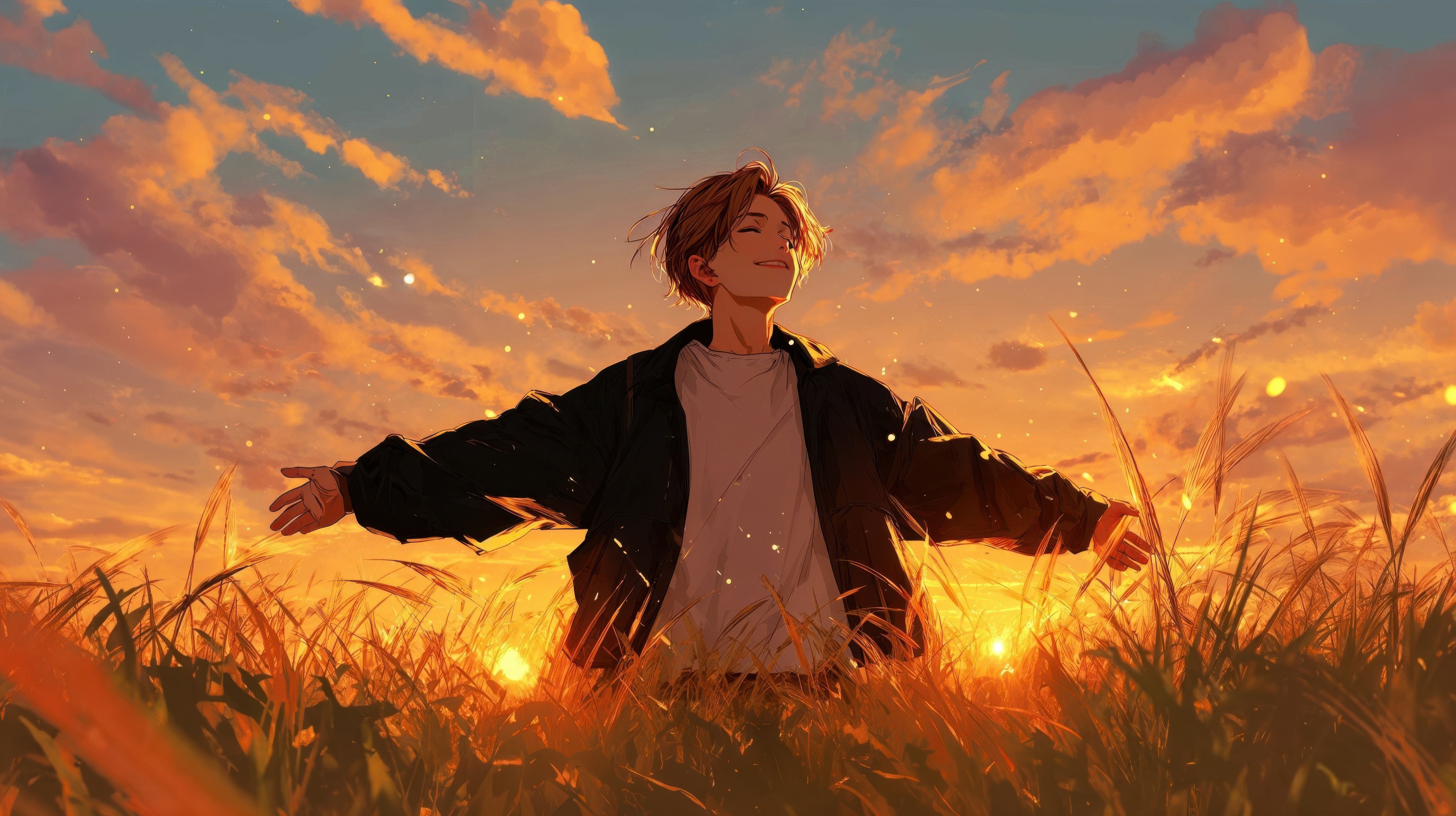 Anime boy in a field during golden hour HD Wallpaper