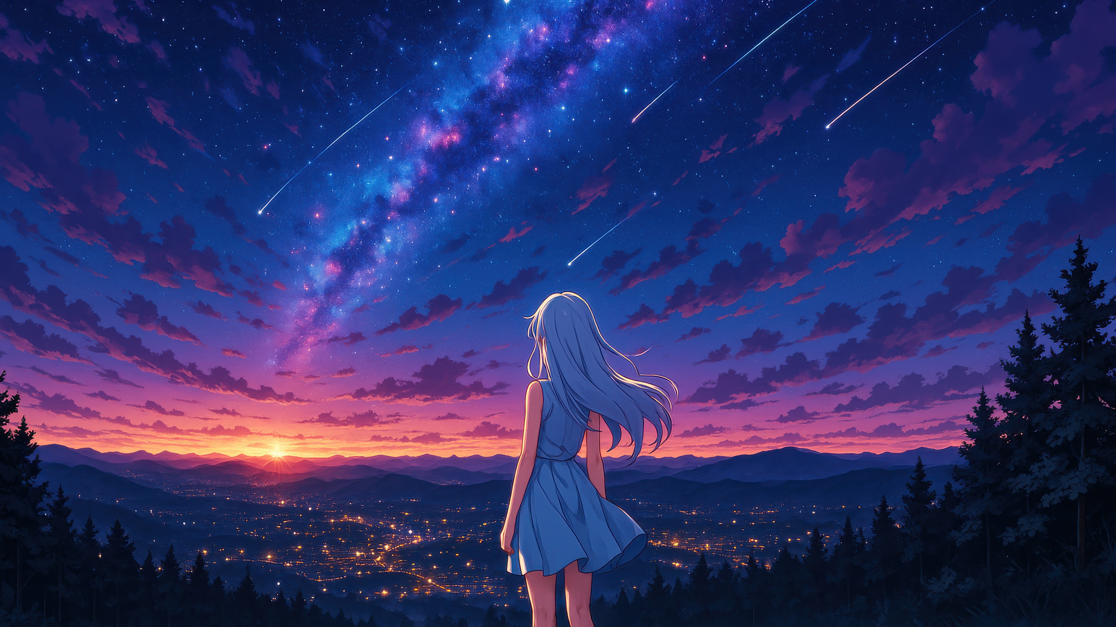 Anime Girl Watching Shooting Stars Over City at Sunset HD Wallpaper