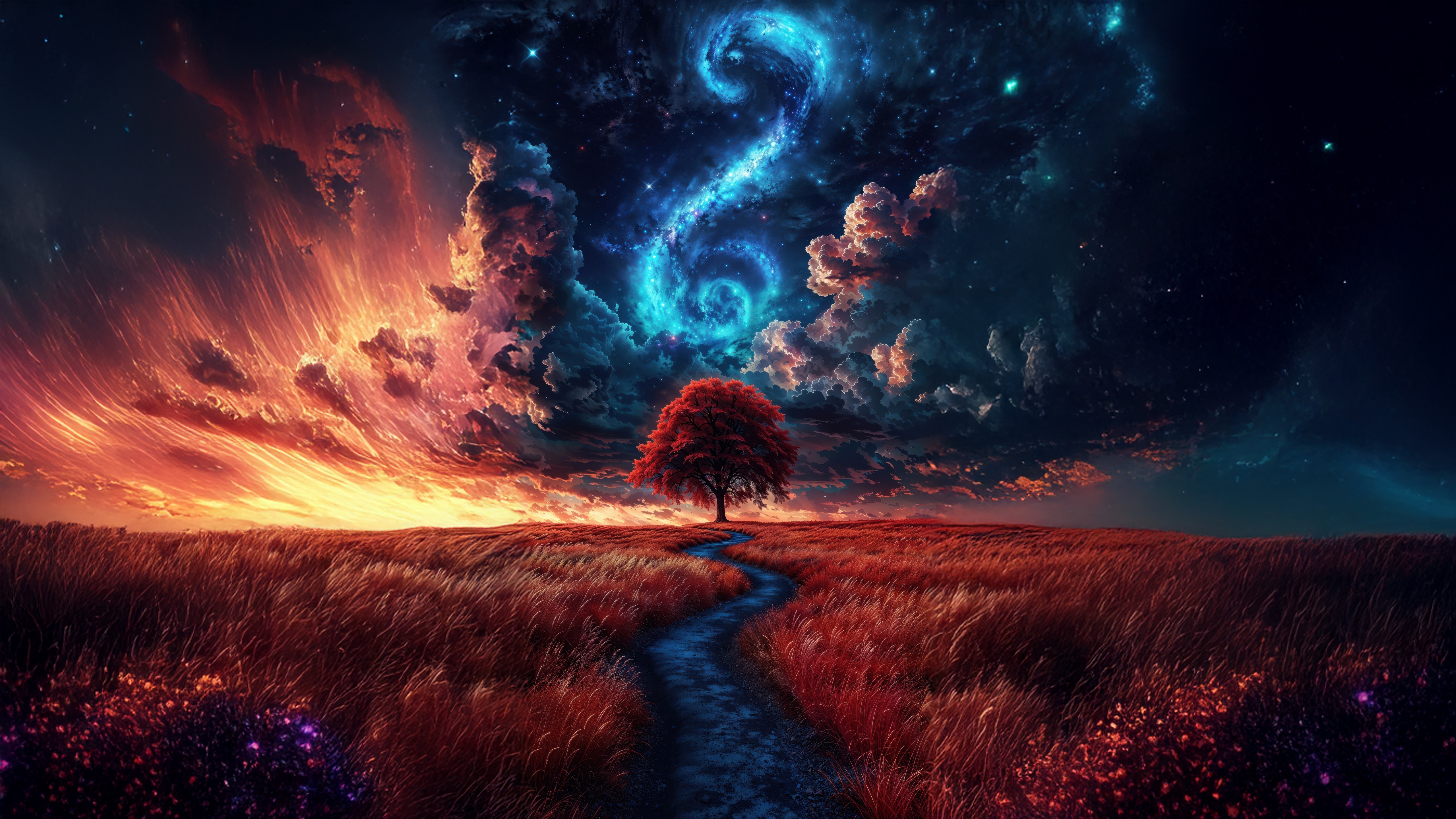 Red Tree in a Vast Field Under a Cosmic Sky HD Wallpaper