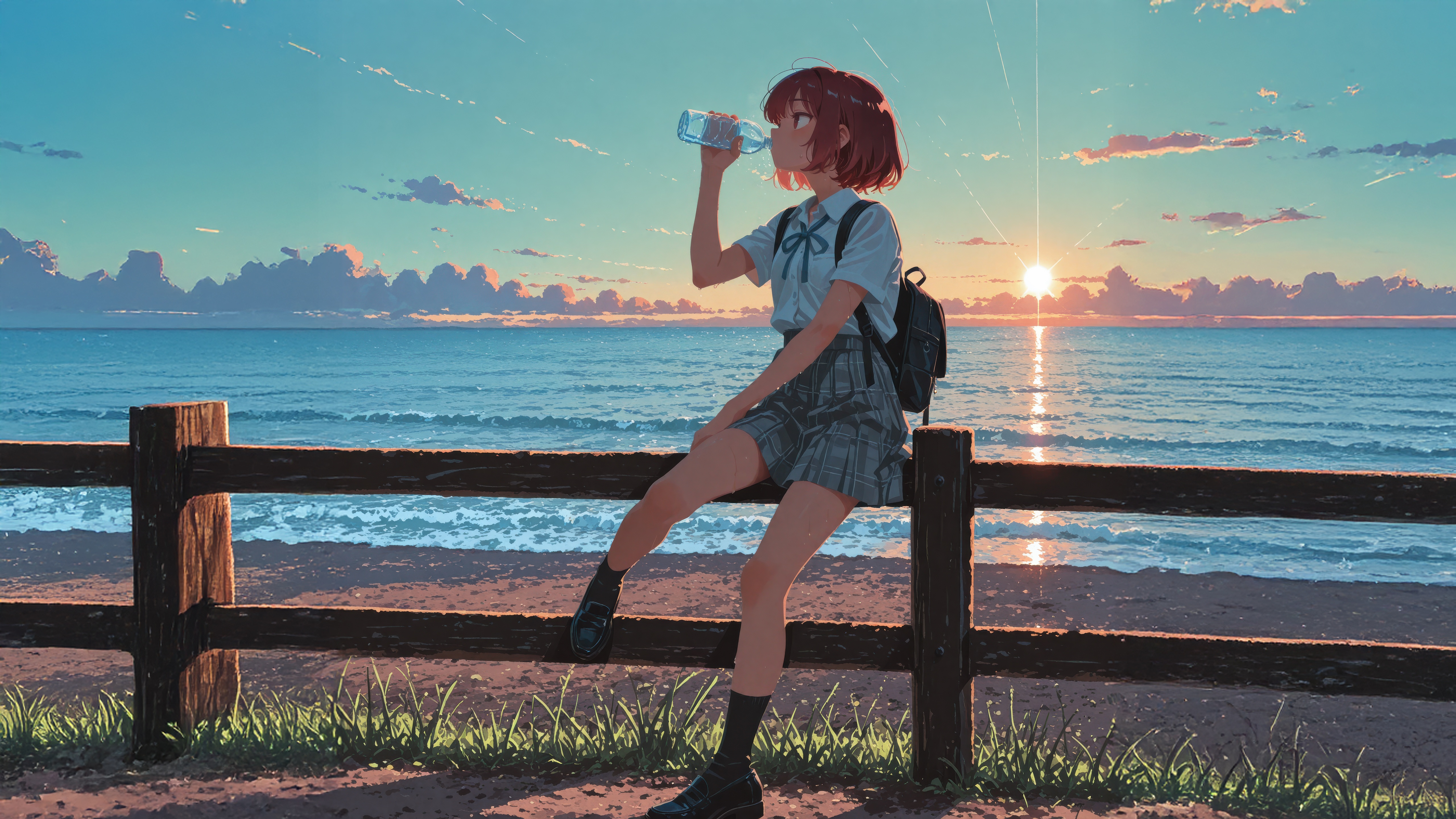 Anime girl drinking water on a fence by the sea HD Wallpaper