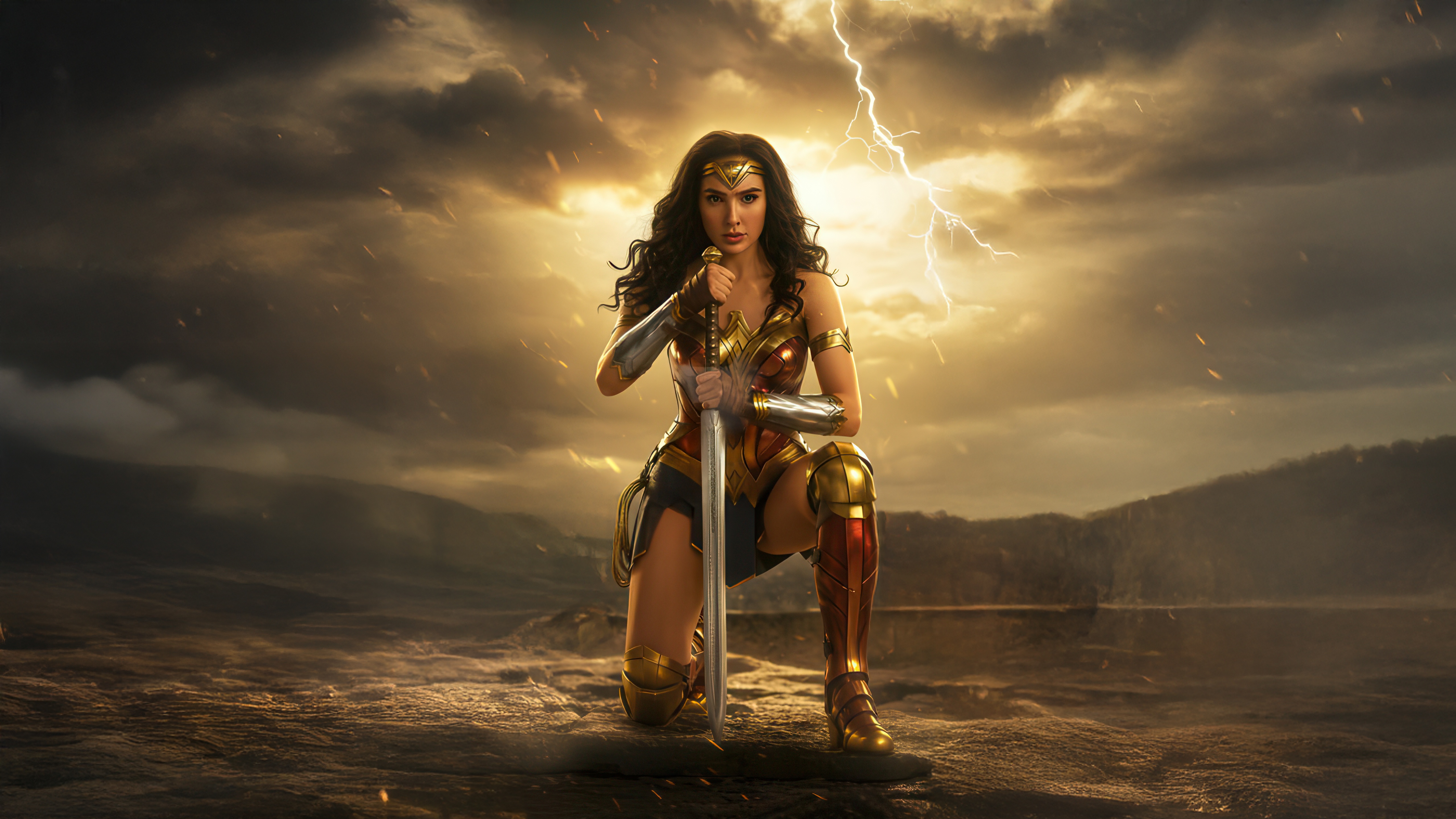 Wonder Woman kneeling with sword HD Wallpaper
