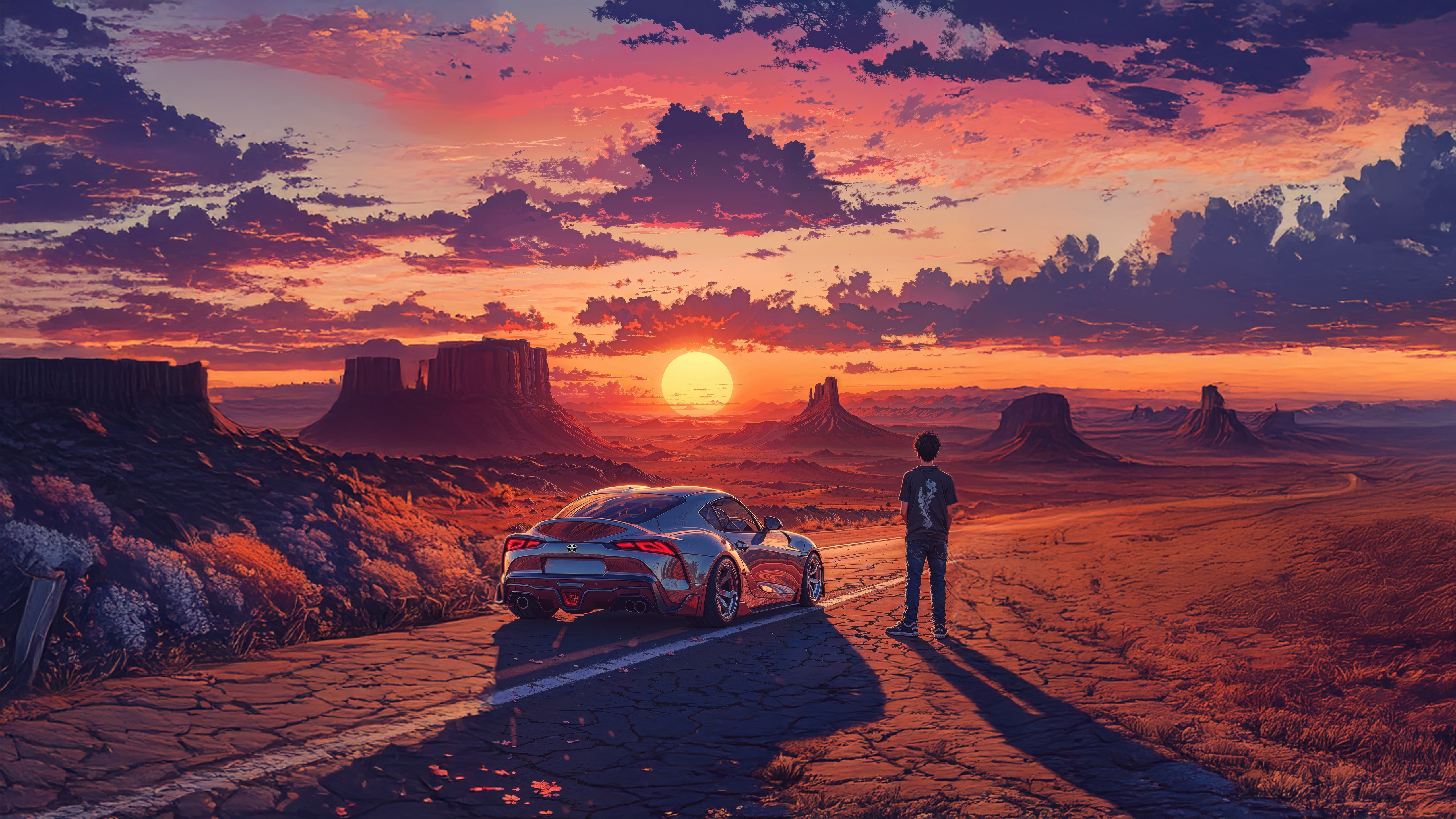 Anime Boy with Toyota Supra in Desert Sunset HD Wallpaper