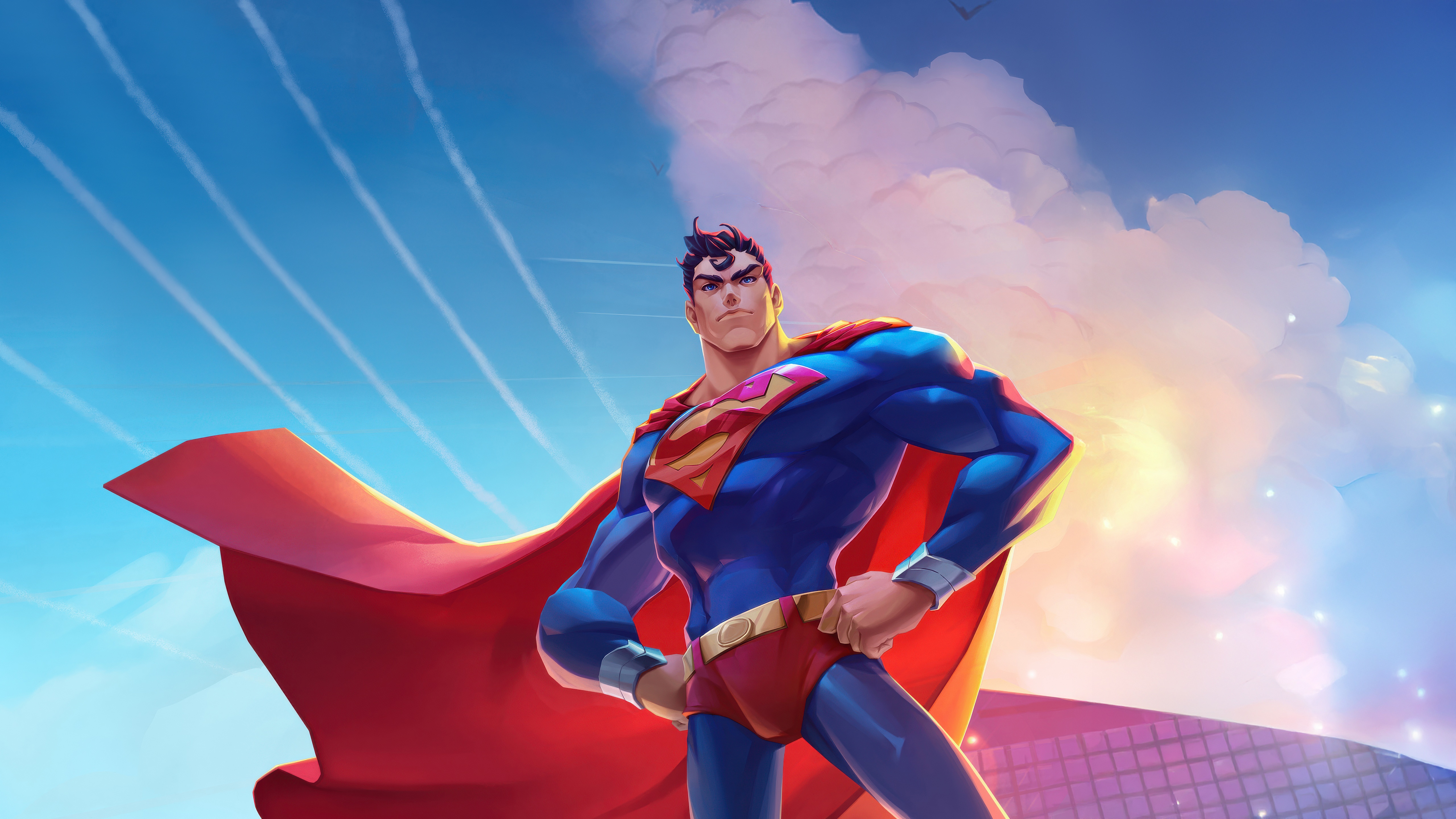 Superman in a stylized illustration with a cloudy sky HD Wallpaper