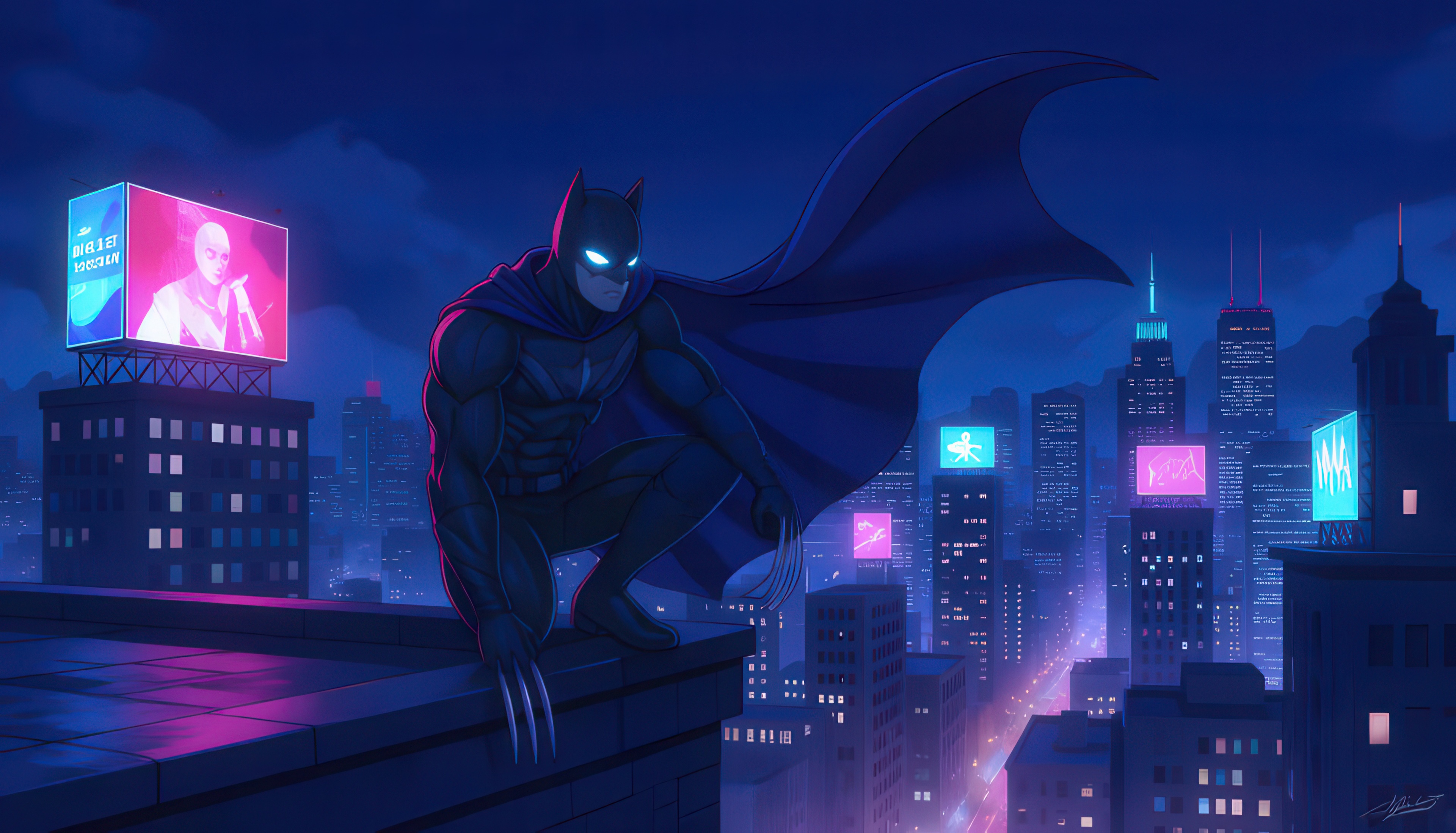 Batman crouches on a rooftop overlooking a neon city at night HD Wallpaper