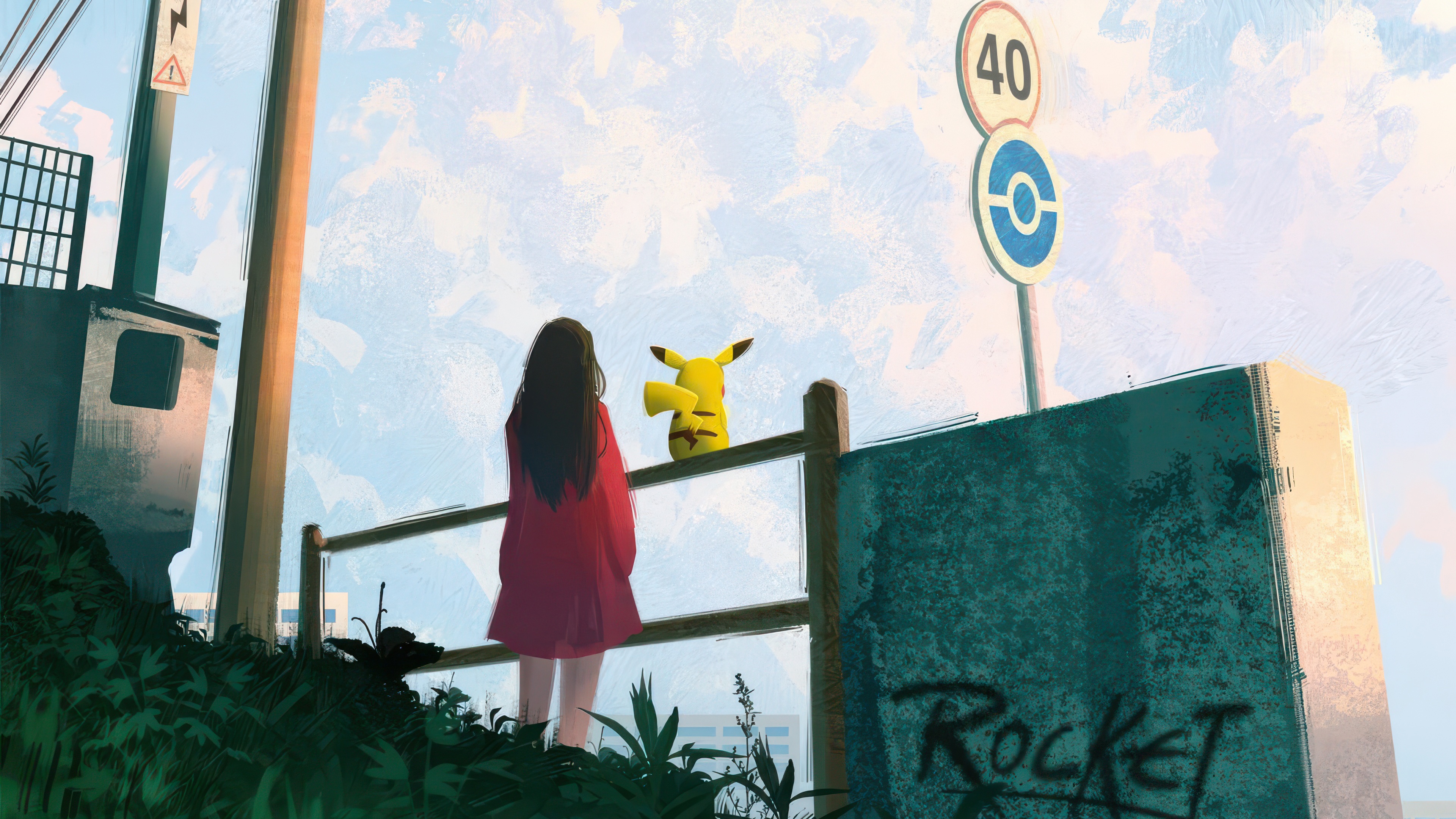Girl and Pikachu on a fence HD Wallpaper