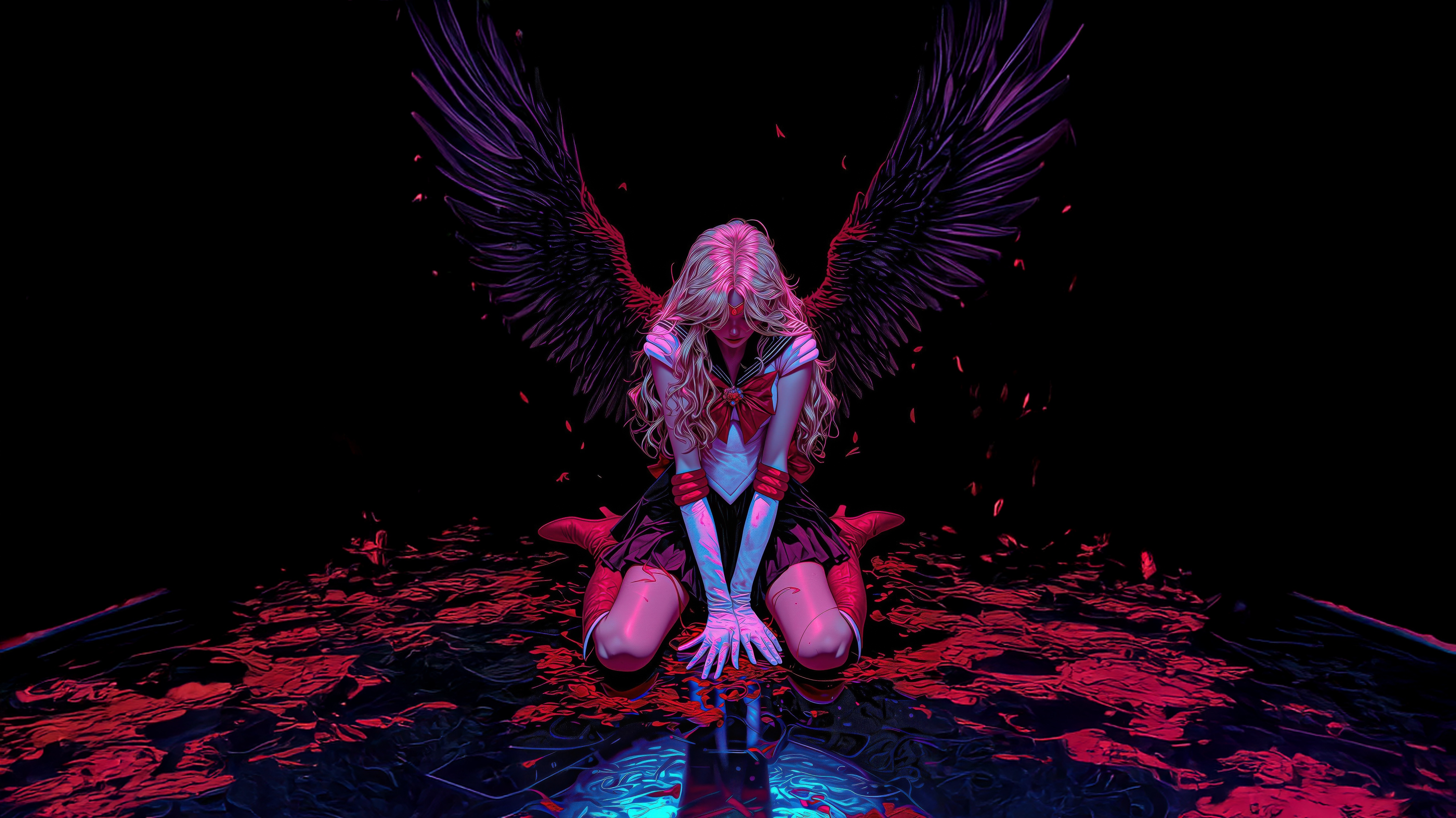 Fallen Dark Angel with Black Wings HD Wallpaper
