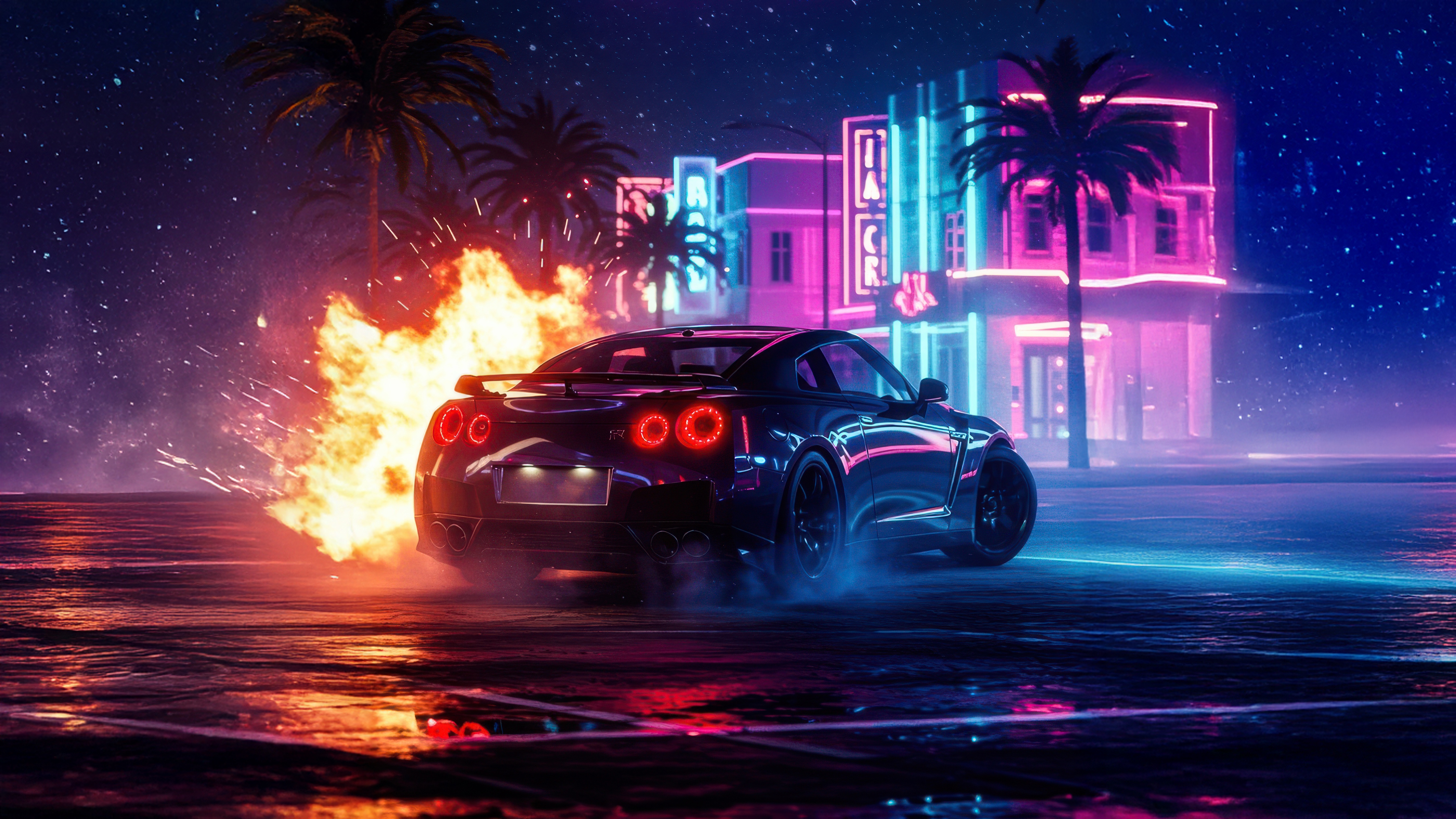Midnight Run GTR Edition Car on Fire HD Wallpaper