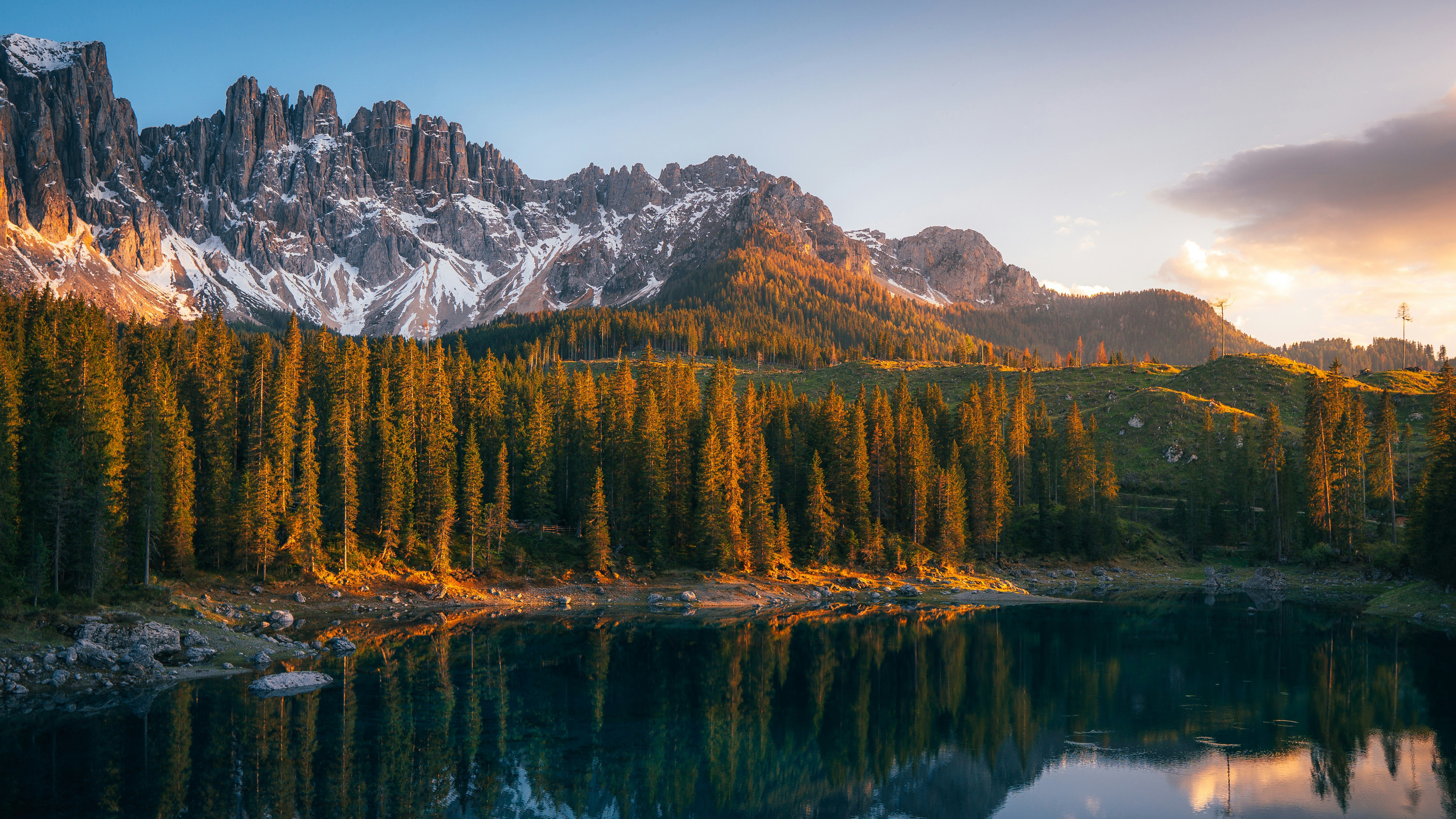 Lake Carezza with Dolomites Mountains and Forest HD Wallpaper