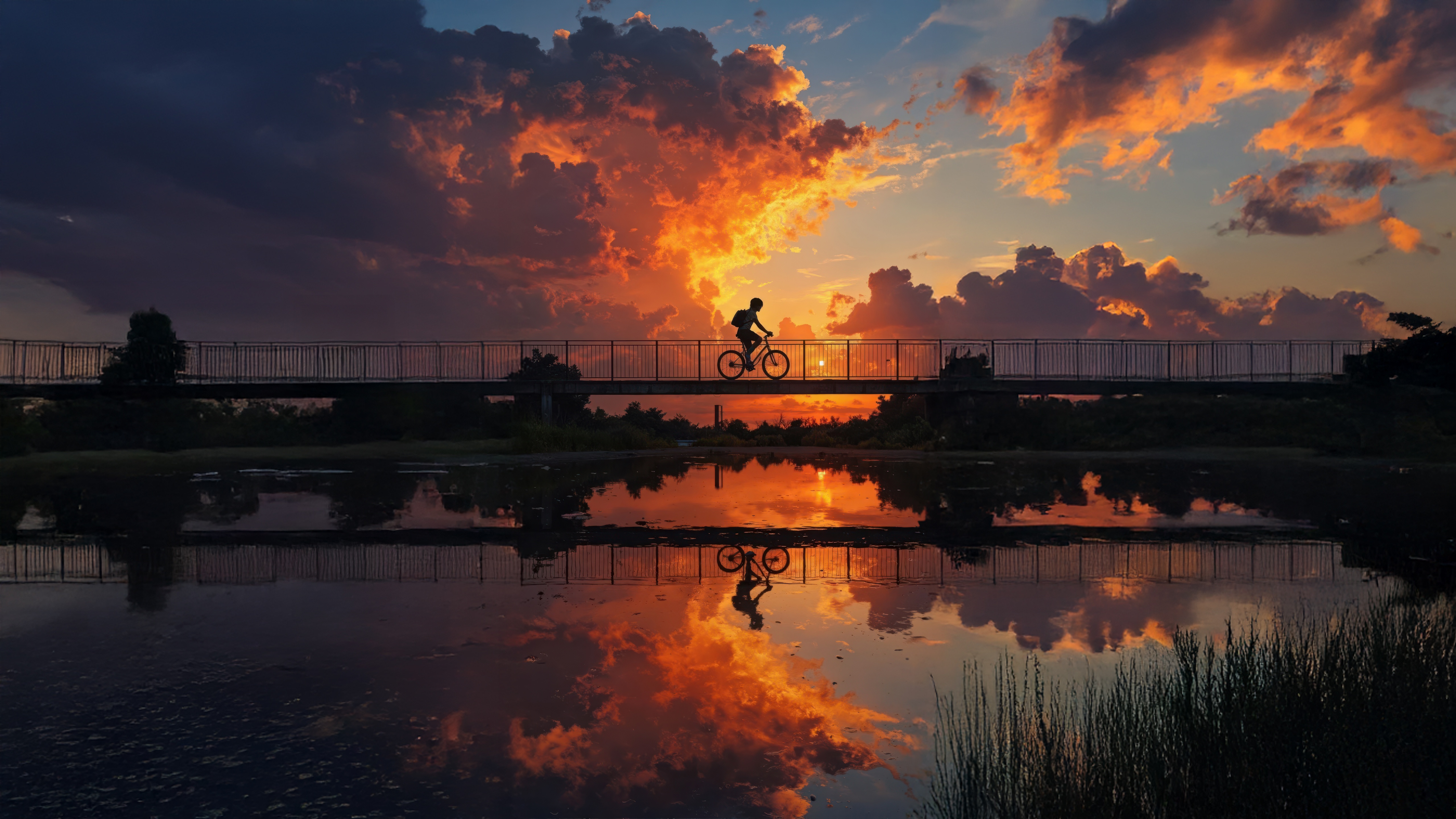 Silhouette of a cyclist on a bridge at sunset HD Wallpaper