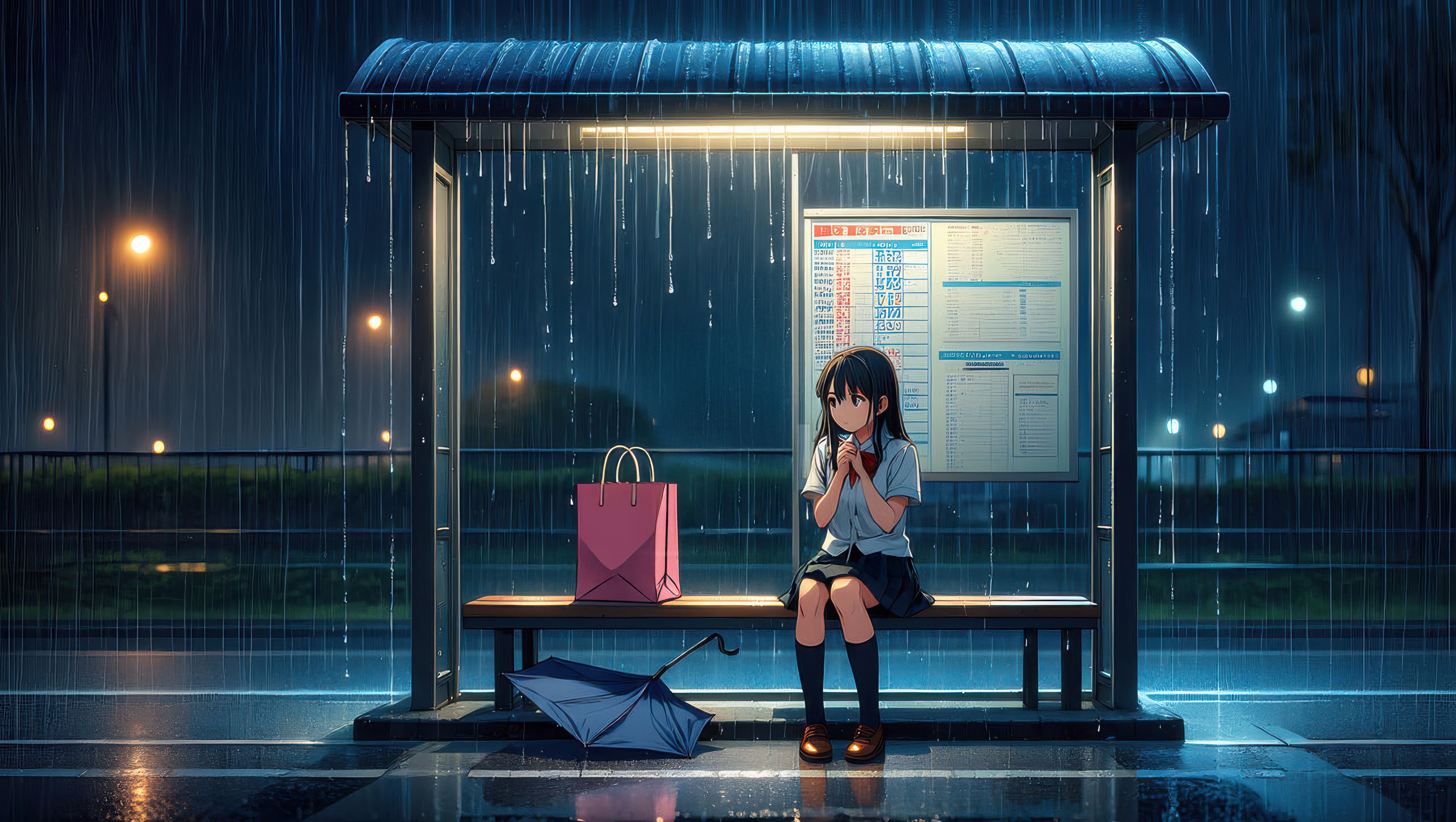 Girl waiting at a bus stop in the rain HD Wallpaper