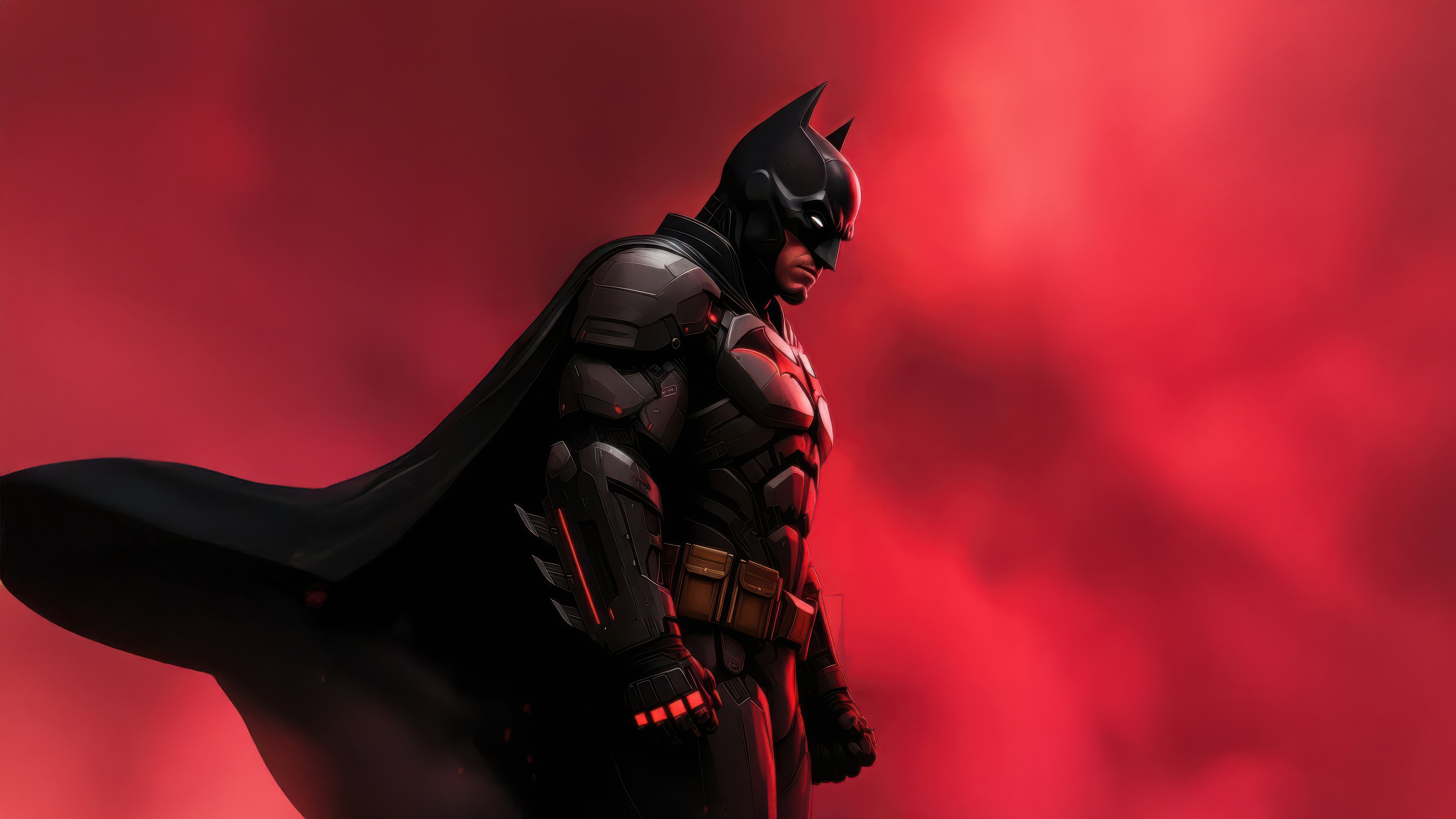 Batman in dark armor against red background HD Wallpaper