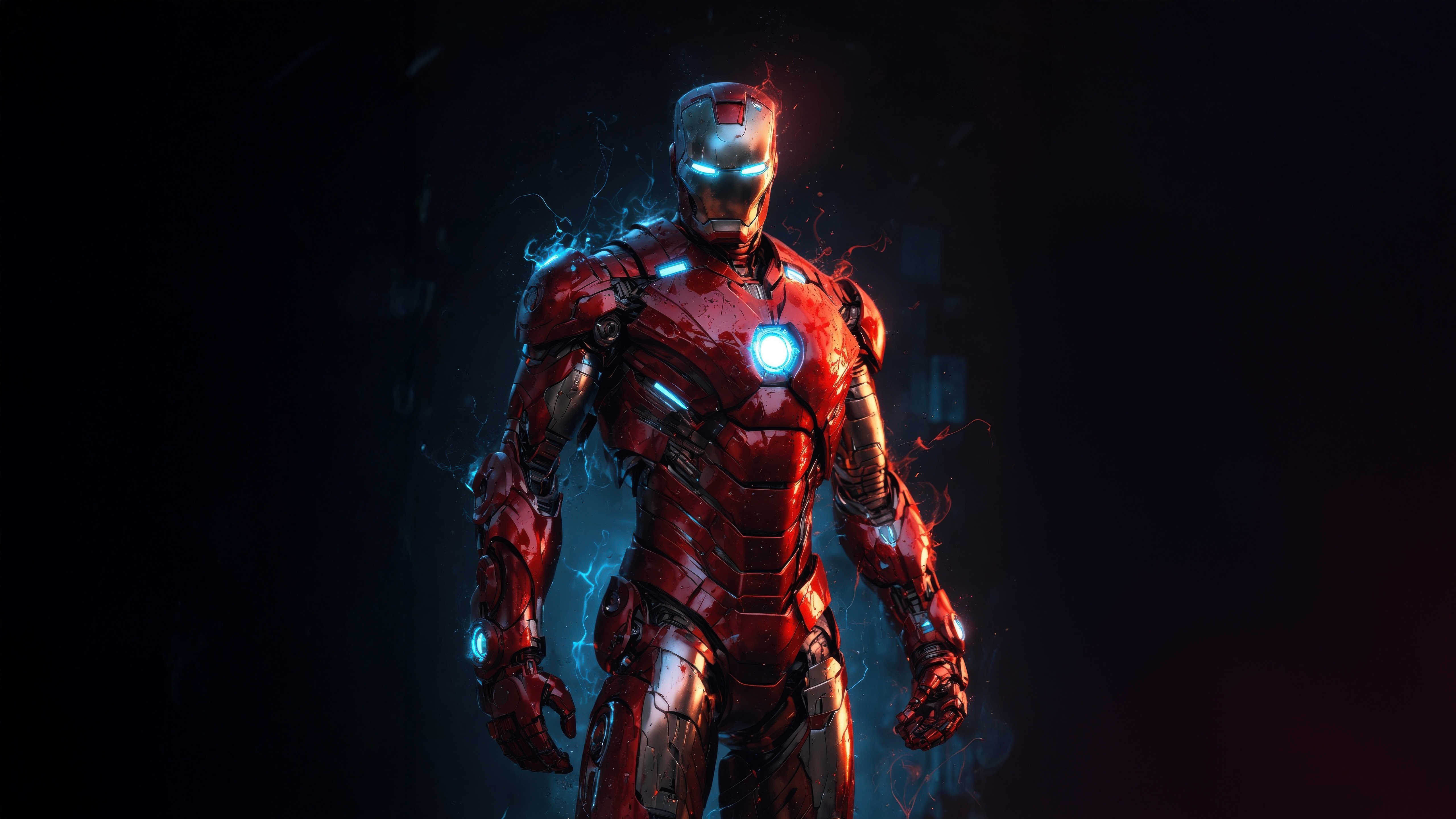 Iron Man in Red and Silver Armor with Blue Energy HD Wallpaper