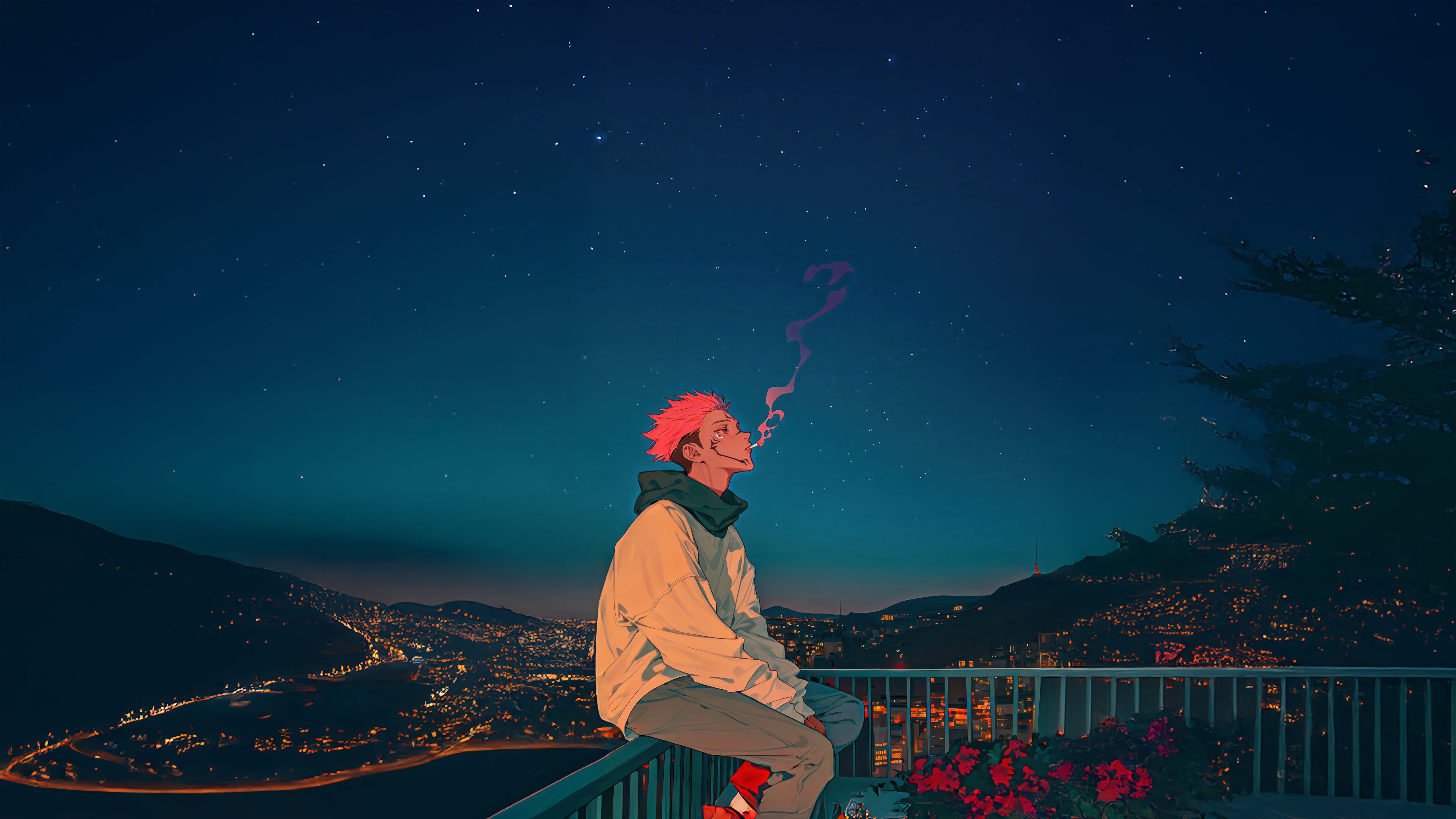 Ryomen Sukuna smoking under a starry night sky HD Wallpaper