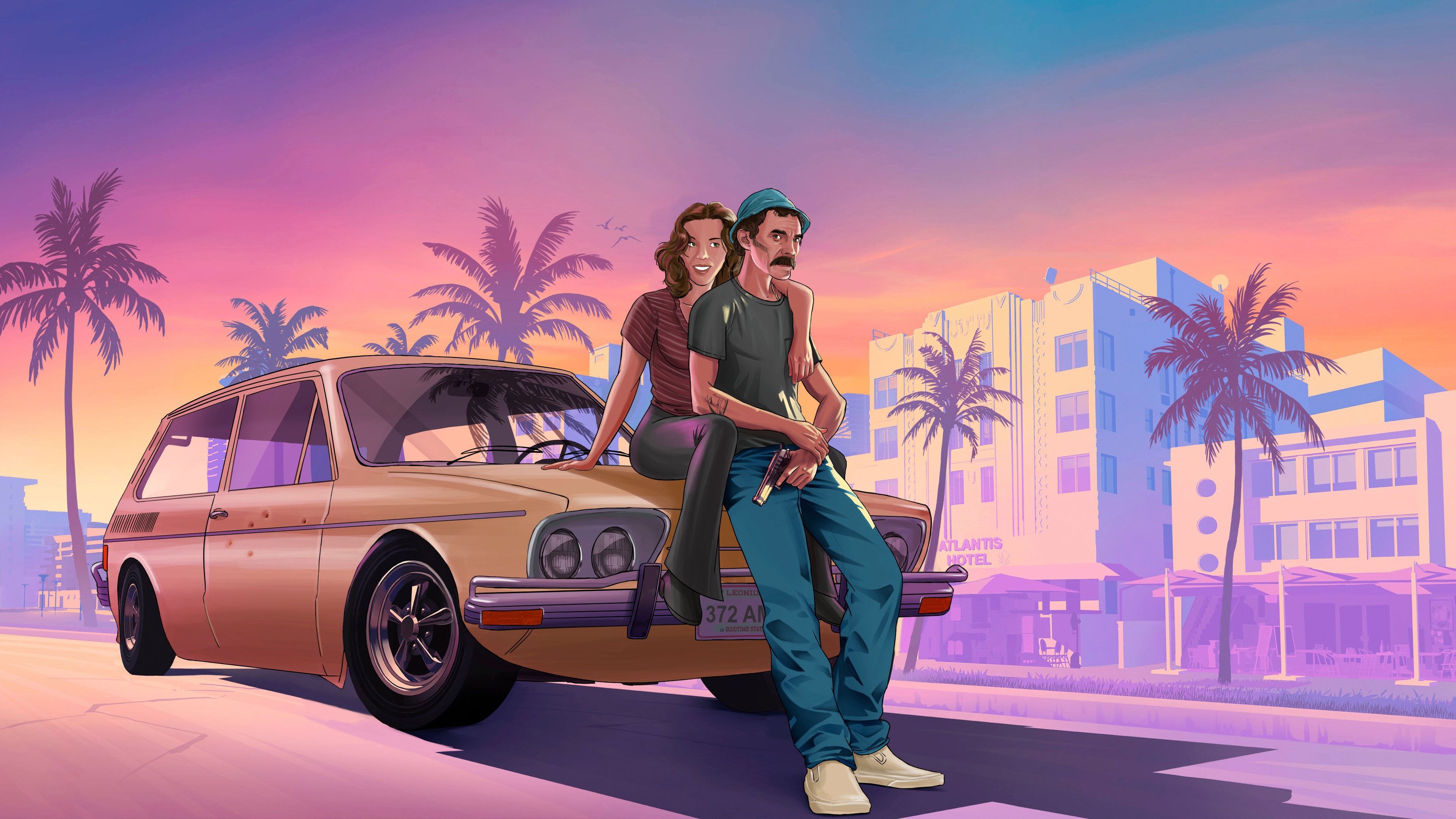 Don Ramón and a woman by a car with palm trees HD Wallpaper