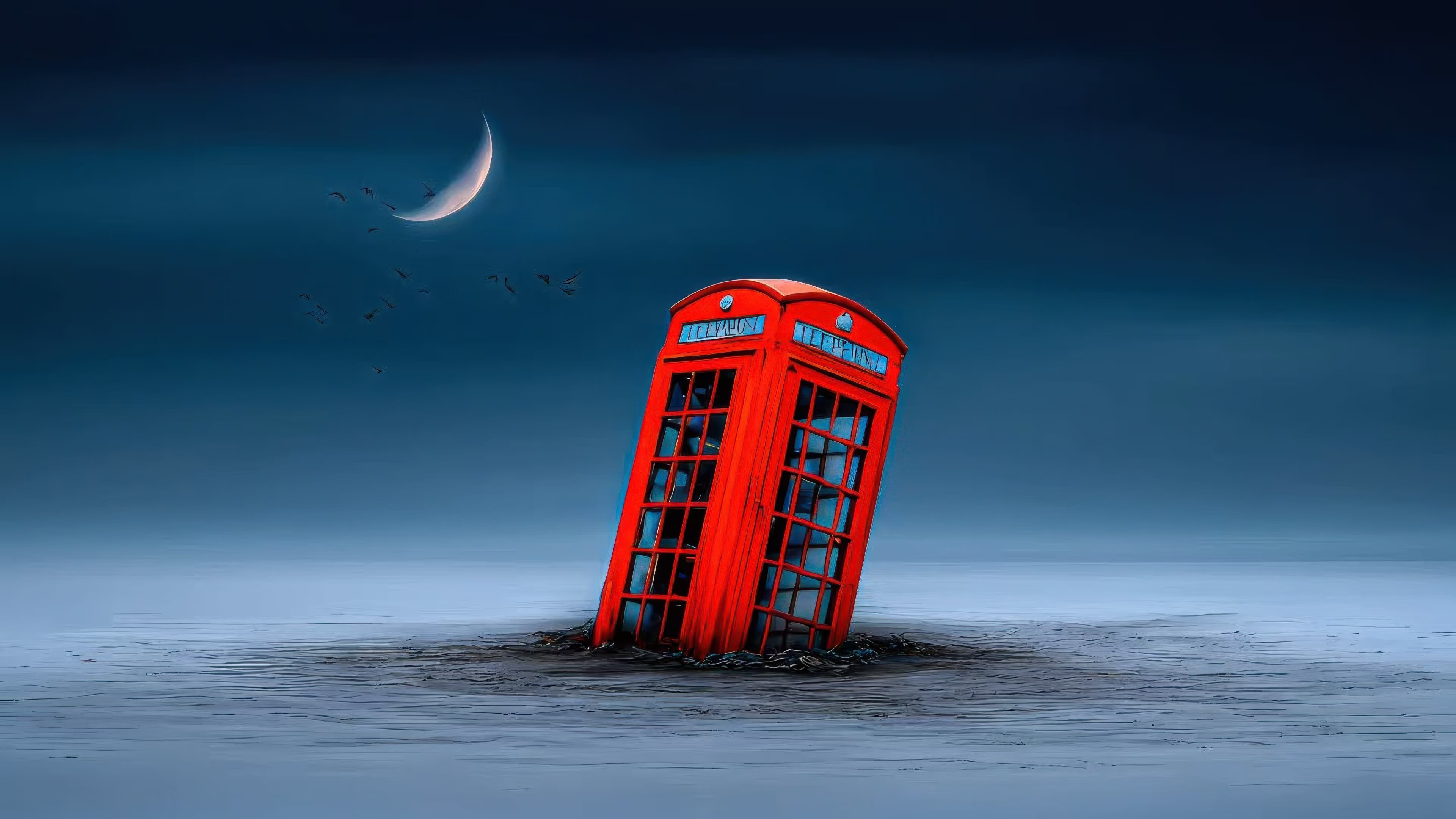 Red Phone Booth Sinking in the Ocean Under a Crescent Moon HD Wallpaper