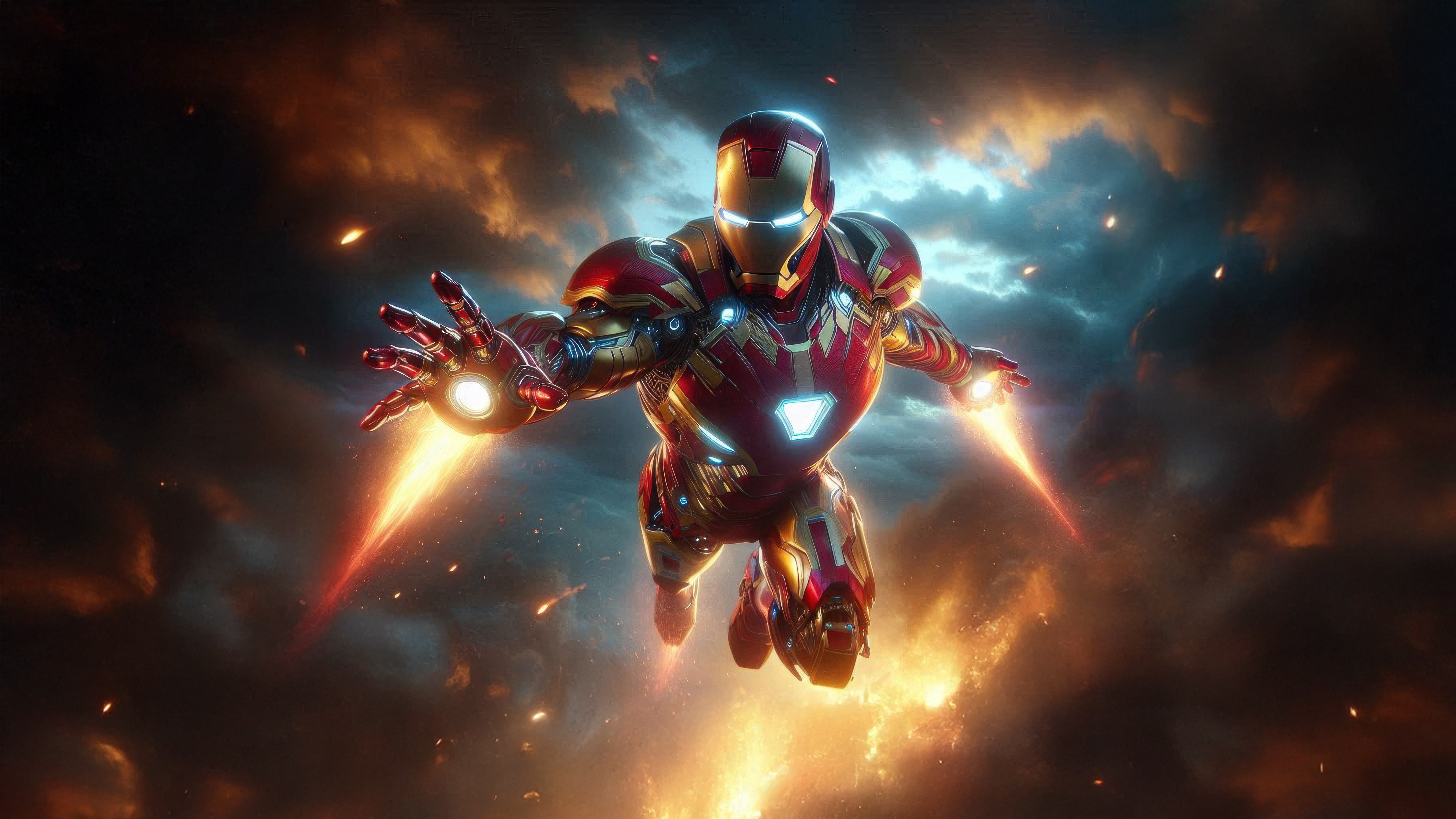 Iron Man in Flight Amidst Fiery Clouds HD Wallpaper