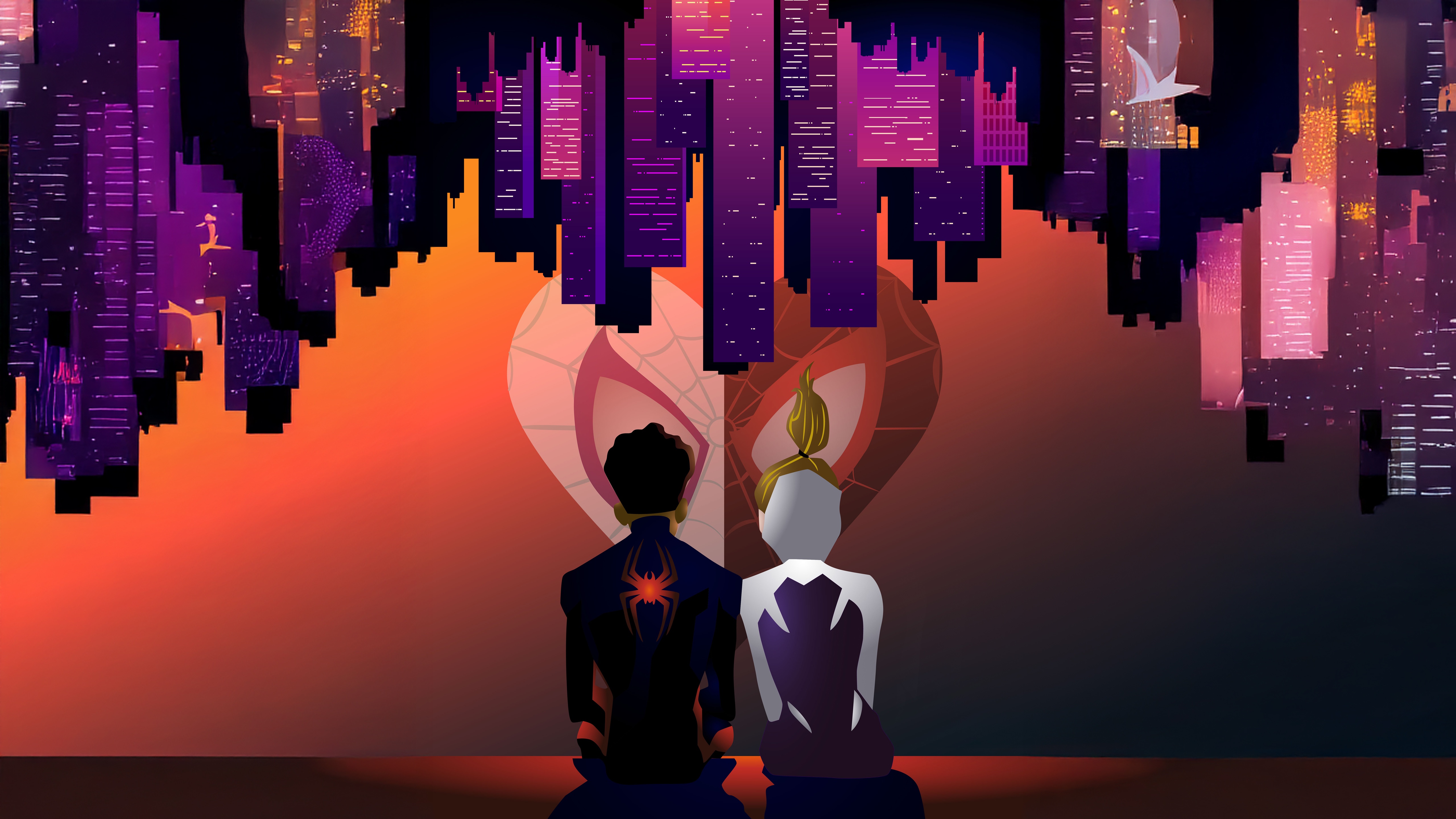 Spider-Man and Spider-Gwen in front of a city skyline HD Wallpaper
