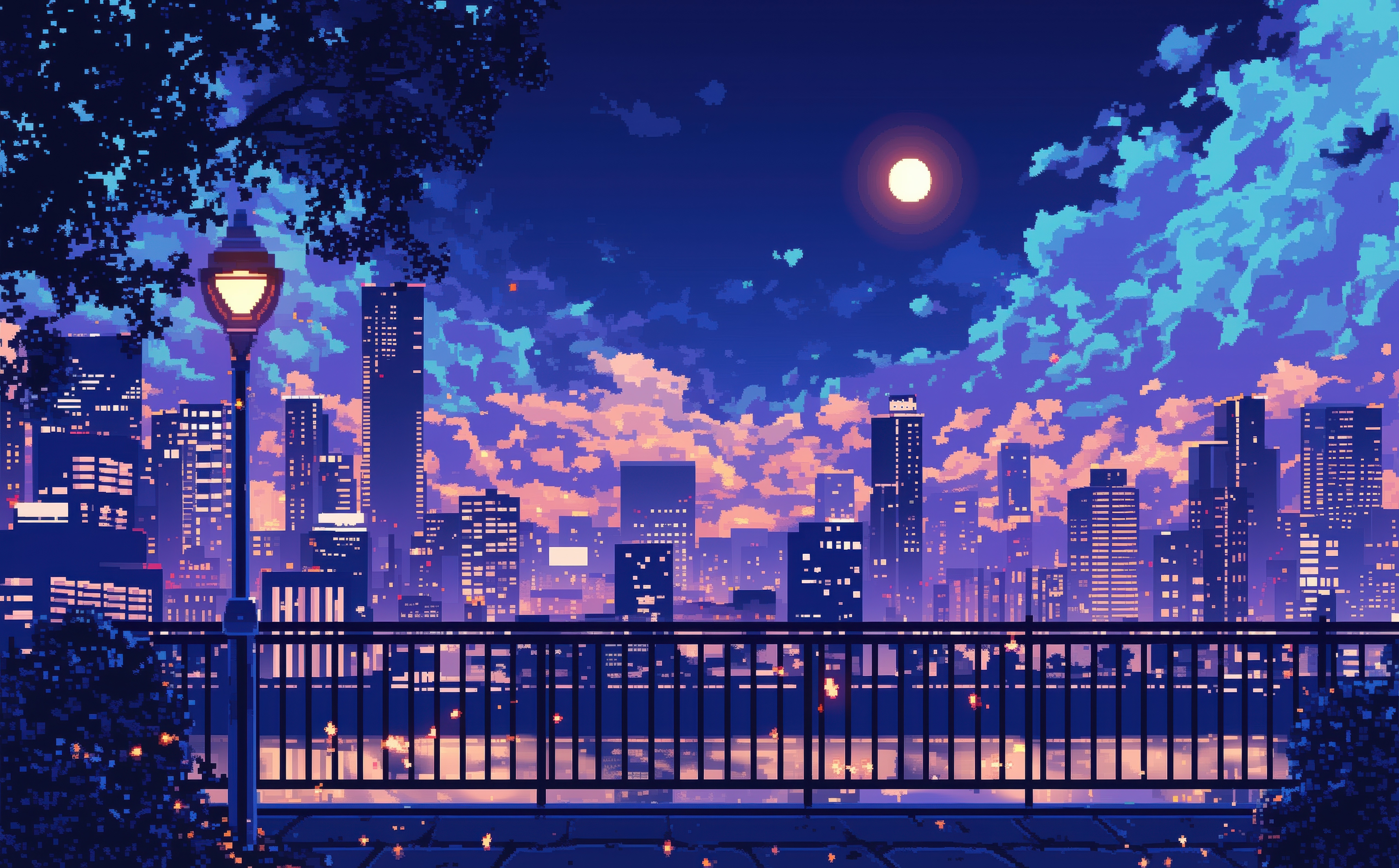 Pixel art cityscape at night with a full moon HD Wallpaper