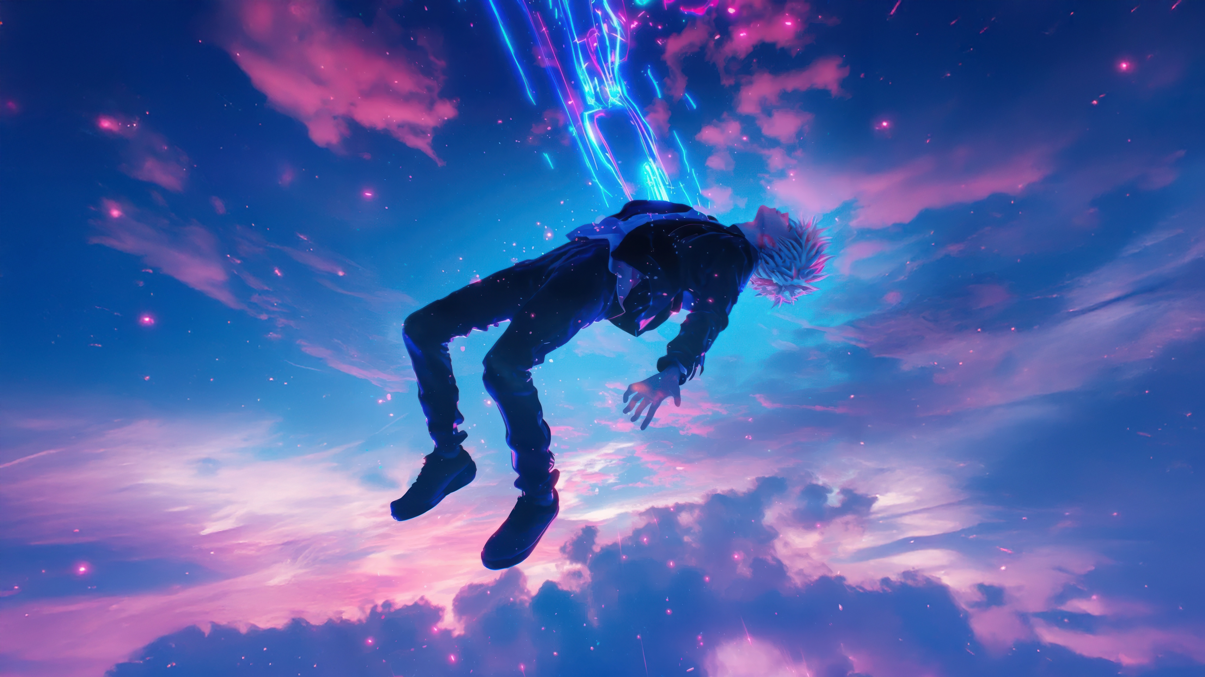 Man falling through colorful clouds with light beams HD Wallpaper