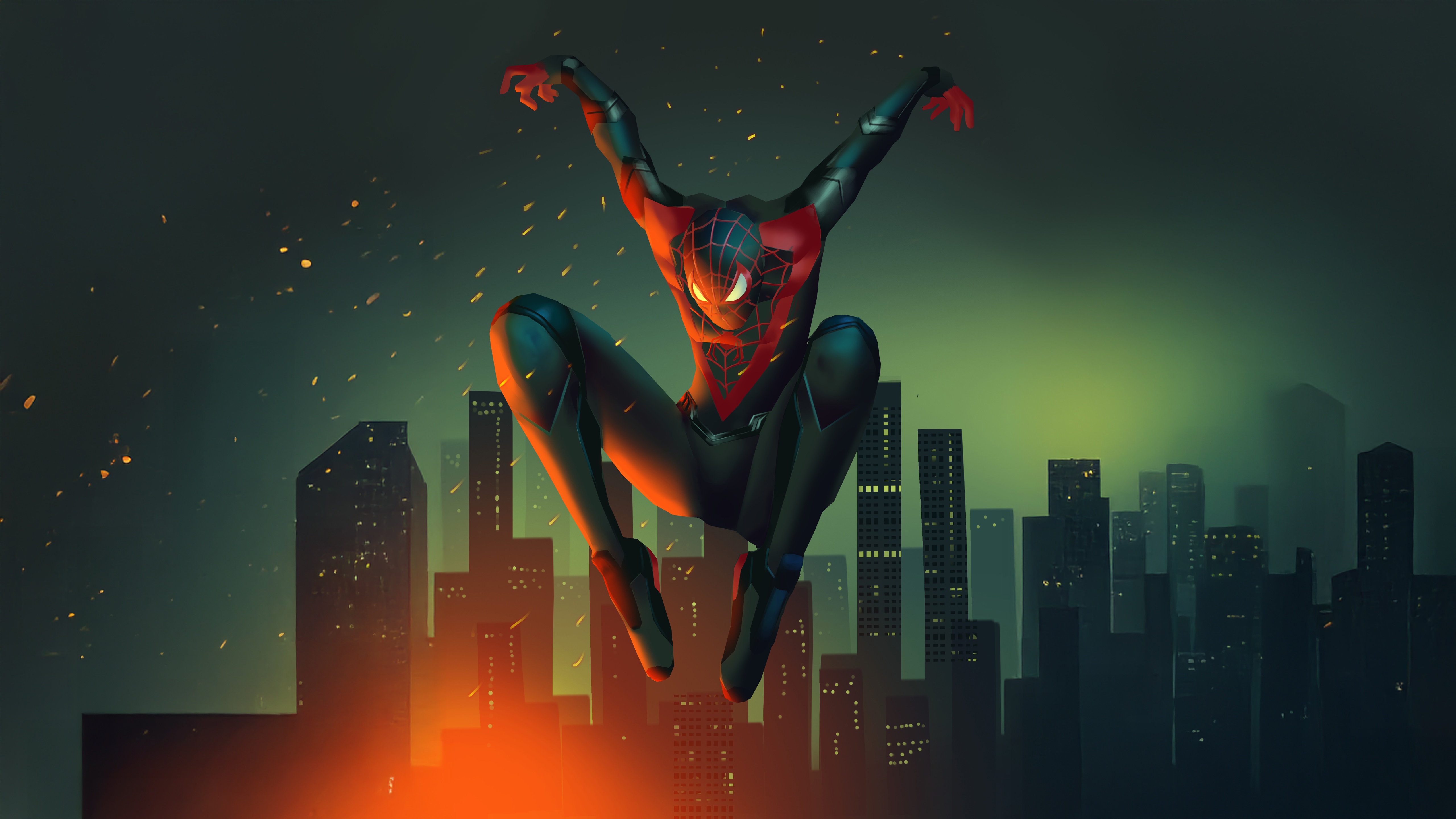 Miles Morales in a dynamic pose over a city skyline HD Wallpaper