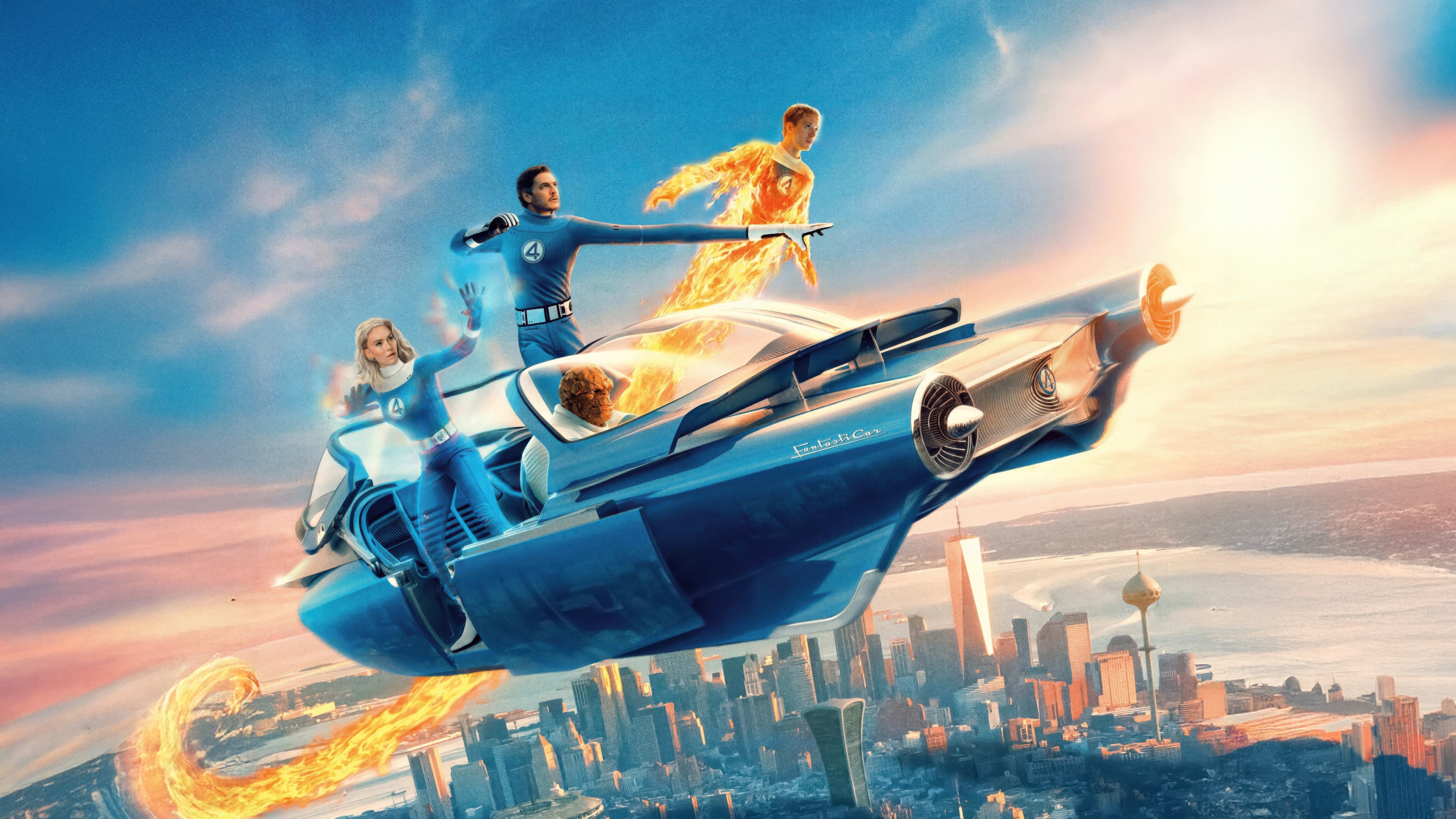 The Fantastic Four Flying in the Fantasticar Over a City HD Wallpaper